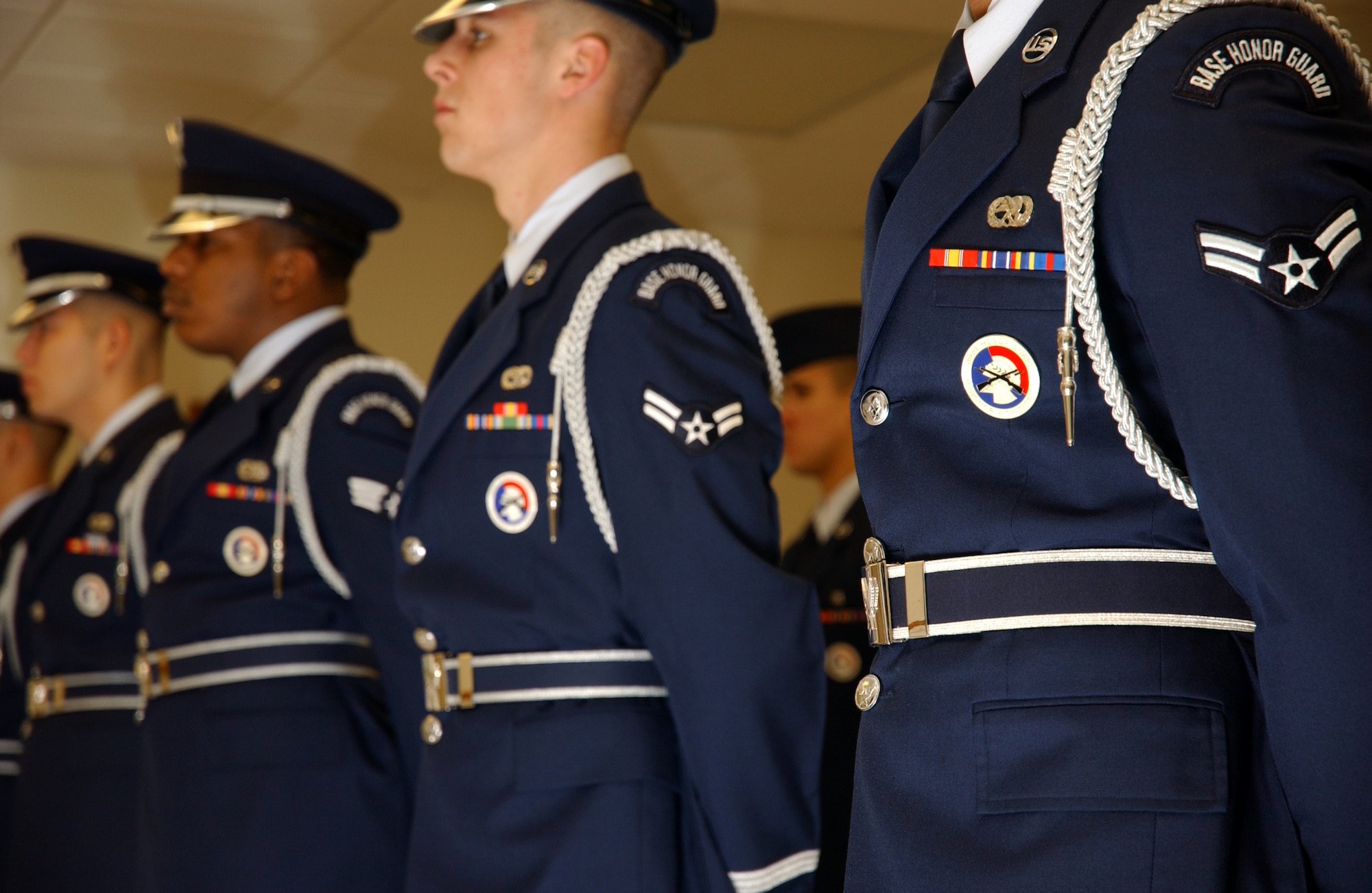 Airmen from the Kadena's Honor Guard stand at attention waiting to be inspected during open ranks, Feb. 6. 
(U.S. Air Force photo/Senior Airman Jeremy McGuffin) 