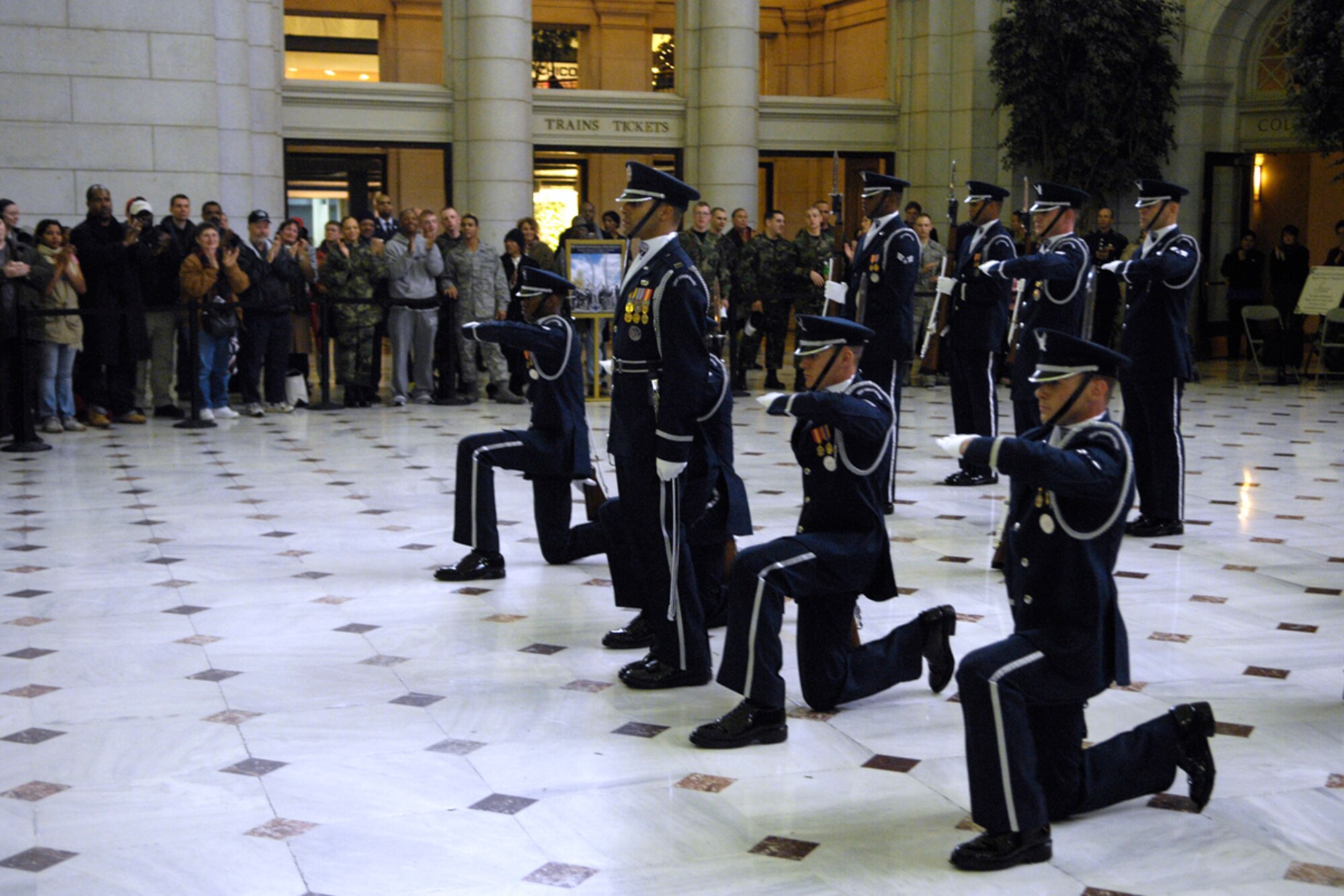 WASHINGTON, DC--The Drill Team shows-off their new drill sequence during their unveiling performance at Union Station in Washington, DC. The unveiling drill is the first drill of the year and the formal presentation of the 2008 team to AF leadership and the general public. The Drill Team is the traveling component of the Air Force Honor Guard and tours Air Force bases world wide showcasing the precision of today's Air Force to recruit, retain, and inspire Airmen for the Air Force mission. (U.S. Air Force photo by Senior Airman Sean Adams)(Released)