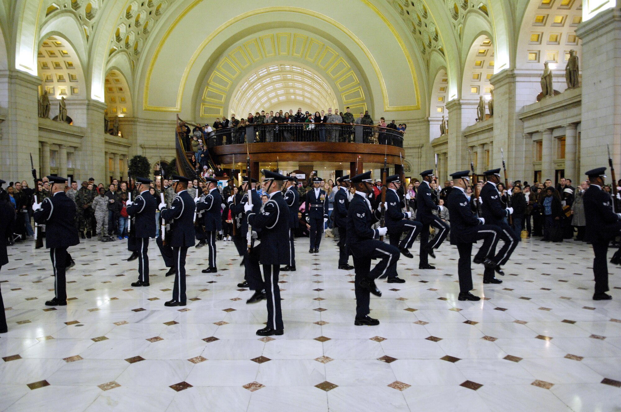 WASHINGTON, DC--The Drill Team shows-off their new drill sequence during their unveiling performance at Union Station in Washington, DC. The unveiling drill is the first drill of the year and the formal presentation of the 2008 team to AF leadership and the general public. The Drill Team is the traveling component of the Air Force Honor Guard and tours Air Force bases world wide showcasing the precision of today's Air Force to recruit, retain, and inspire Airmen for the Air Force mission. (U.S. Air Force photo by Senior Airman Sean Adams)(Released)