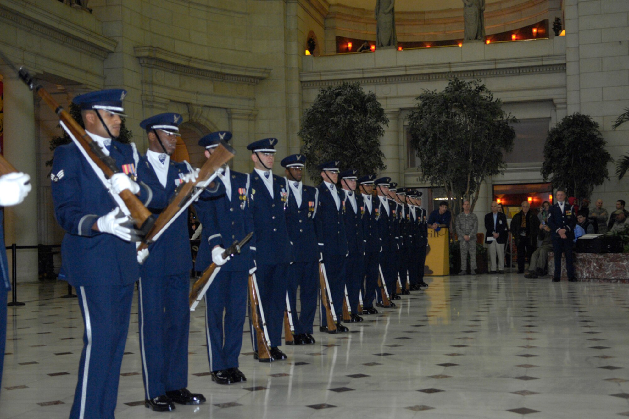 WASHINGTON, DC--The Drill Team shows-off their new 'line' drill sequence which represents the proud heritage of the US Air Force. The unveiling drill is the first drill of the year and the formal presentation of the 2008 team to AF leadership and the general public. The Drill Team is the traveling component of the Air Force Honor Guard and tours Air Force bases world wide showcasing the precision of today's Air Force to recruit, retain, and inspire Airmen for the Air Force mission. (U.S. Air Force photo by Senior Airman Sean Adams)(Released)