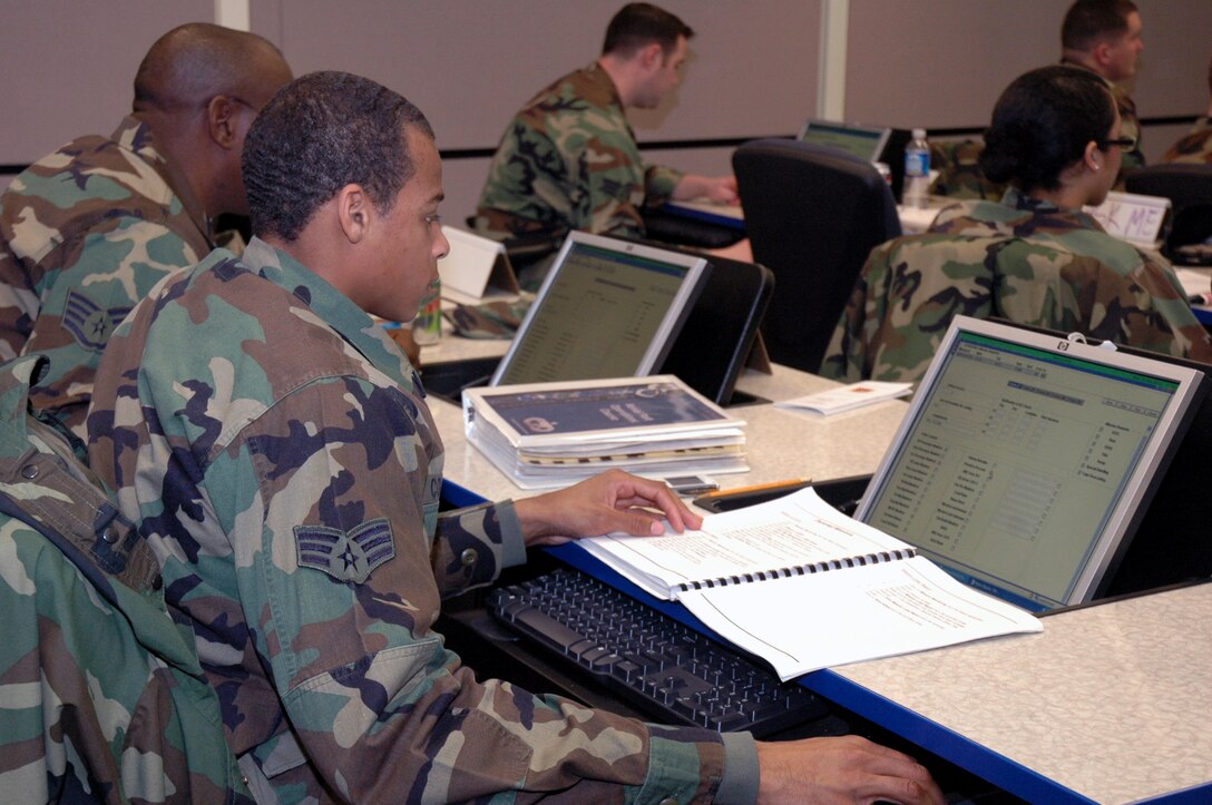 Air transportation Airmen work on computers in the U.S. Air Force Expeditionary Center's Aerial Port Operations Course 2008E on Fort Dix, N.J., Feb. 20, 2008.  In addition to in-residence courses, "aerial porters" have numerous distance learning courses available to them through the USAF EC's distance learning program. (U.S. Air Force Photo/Tech. Sgt. Scott T. Sturkol)