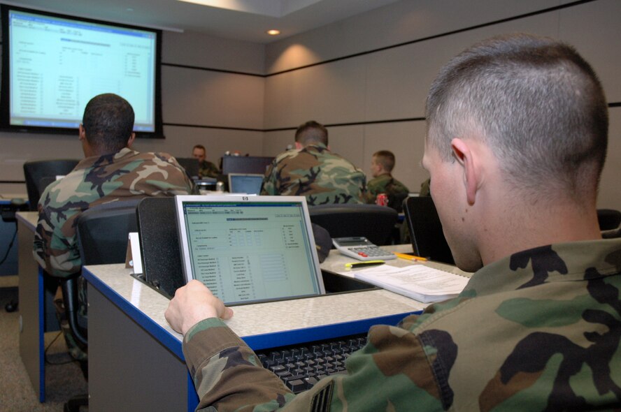 Students in the U.S. Air Force Expeditionary Center's Aerial Port Operations Course 2008E work on their computers in the classroom inside the Center on Fort Dix, N.J., Feb. 20, 2008.  The course, taught by the Center's Mobility Operations School Air Transportation Branch, teaches Airmen in the Air Force air transportation career field subject areas such as air freight, passenger service, air terminal operations center, and higher headquarters functions.  (U.S. Air Force Photo/Tech. Sgt. Scott T. Sturkol)