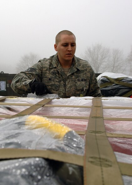 Staff Sgt. Dustin Willis, 435th Logistics Readiness Squadron traffic management office specialist, examines a pallet of cargo at Ramstein Feb. 7. The cargo movement is in support of Joint Task Force-Nomad Fire in Africa. Photo by Airman 1st Class Kelly LeGuillon