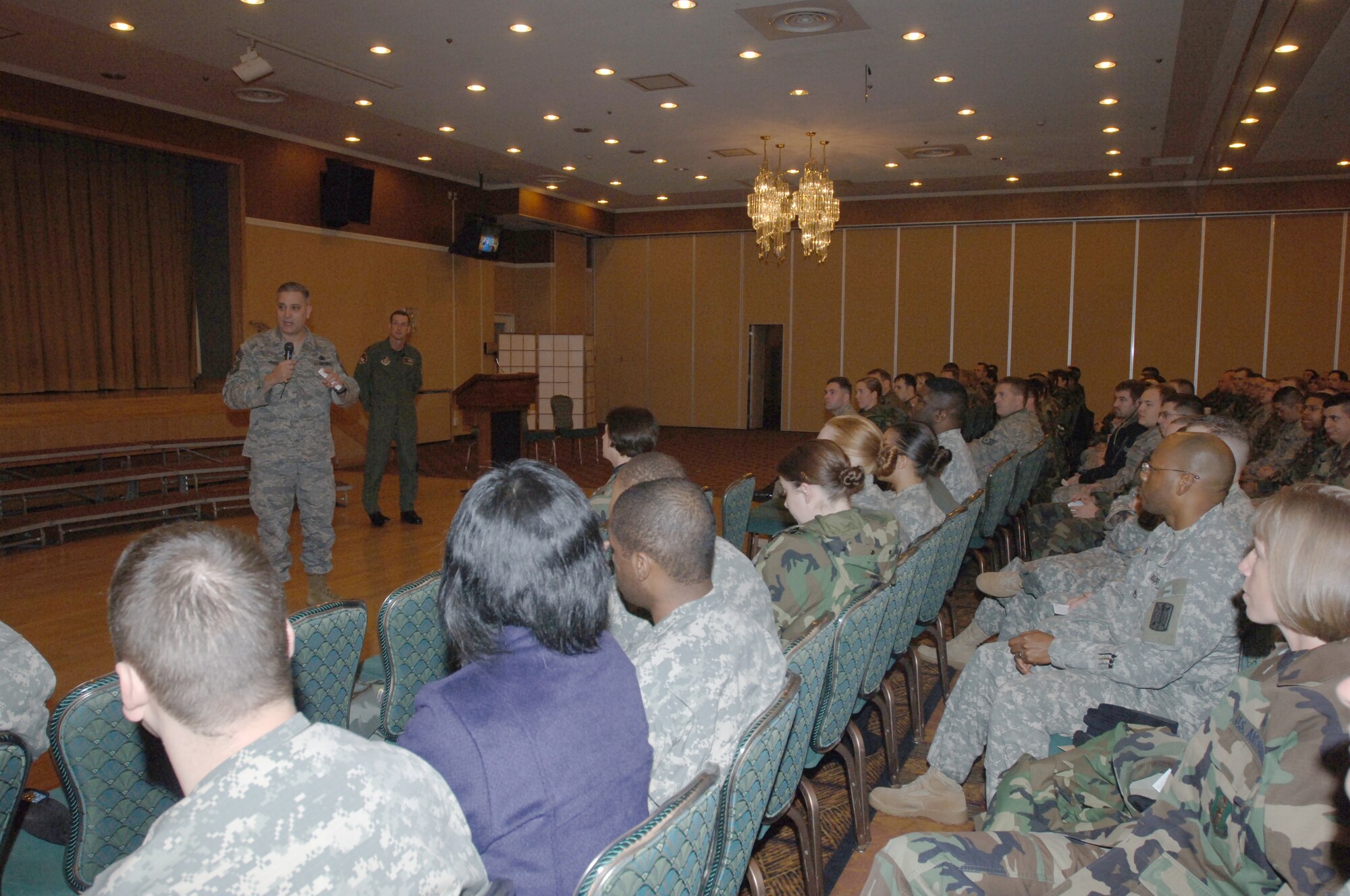 MISAWA AIR BASE, Japan -- Chief Master Sgt. Ricky Price, 35th Fighter Wing command chief, and Col. T.J. O'Shaughnessy, 35th Fighter Wing commander, address Misawa members on unwavering professionalism during a commander's call at the enlisted club Feb. 22, 2008.  The commander's call was part of U.S. Forces Japan's "Day of Reflection." (U.S. Air Force photo by Senior Airman Robert Barnett)