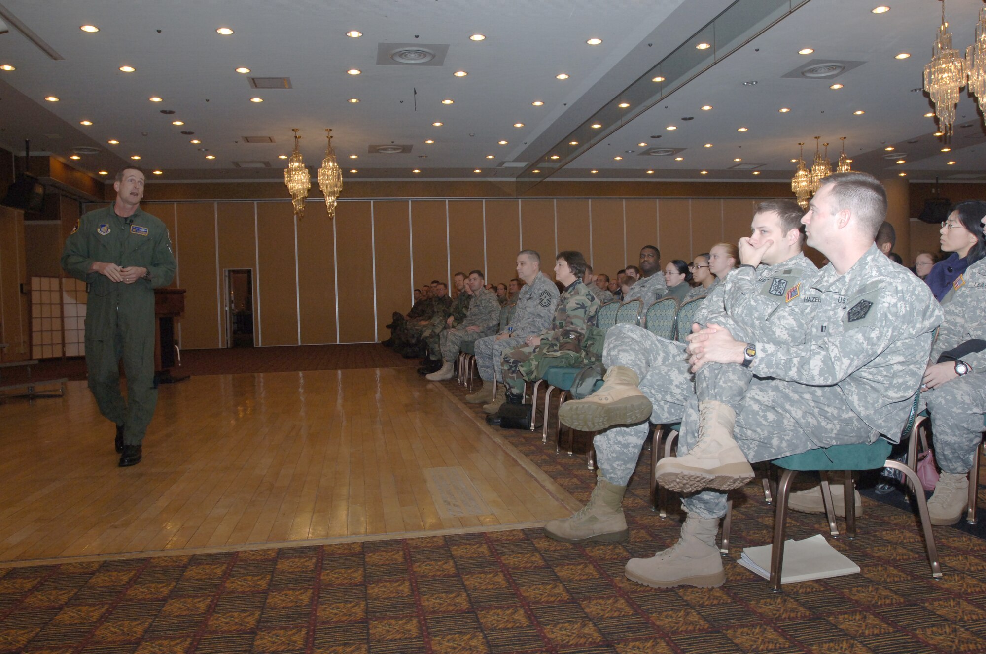 MISAWA AIR BASE, Japan -- Col. T.J. O'Shaughnessy, 35th Fighter Wing commander, briefs Misawa on unwavering professionalism during a commander's call at the enlisted club Feb. 22, 2008. The commander's call was part of U.S. Forces Japan's "Day of Reflection." (U.S. Air Force photo by Senior Airman Robert Barnett)