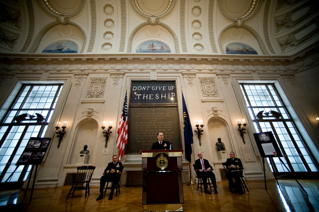 U.S. Navy Adm. Mike Mullen, chairman of the Joint Chiefs of Staff, speaks at the Bronze Star Ceremony for Lt. Melvin S. Dry held at Memorial Hall, U.S. Naval Academy, Annapolis, Md., Feb. 25, 2008. Dry , a Navy SEAL, received the posthumous award for heroic achievement during Operation Thunderhead, a top secret mission to rescue prisoners of war in Vietnam in 1972. 