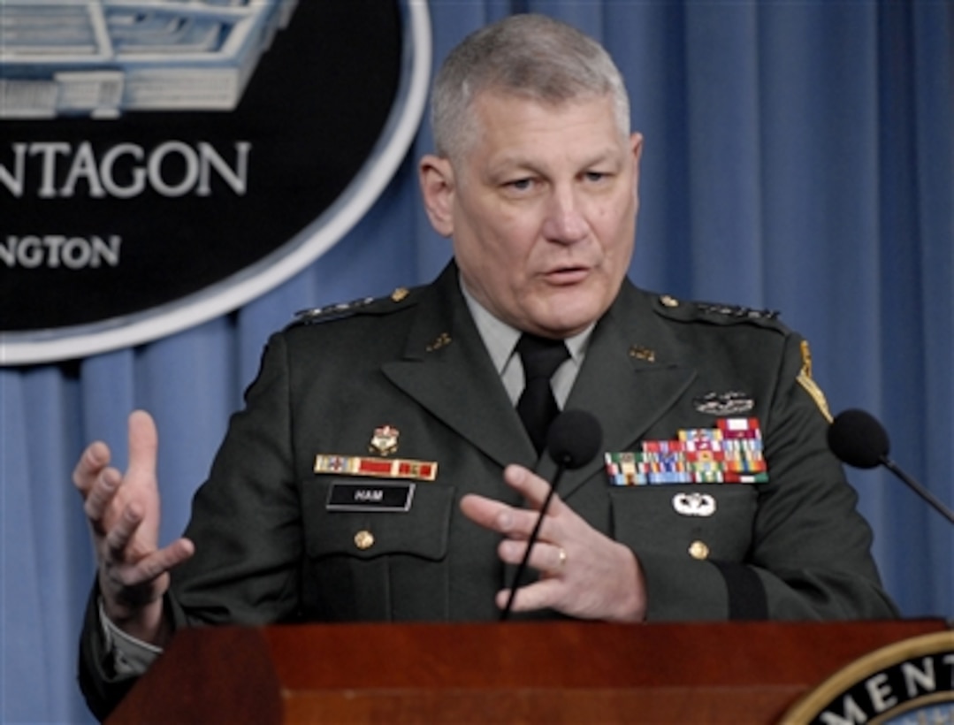 Joint Staff Director for Operations Lt. Gen. Carter Ham, U.S. Army, answers a reporter's question during a Pentagon press briefing on Feb. 25, 2008.  Ham fielded questions on the recent satellite shoot down and operations in Iraq and Afghanistan.  