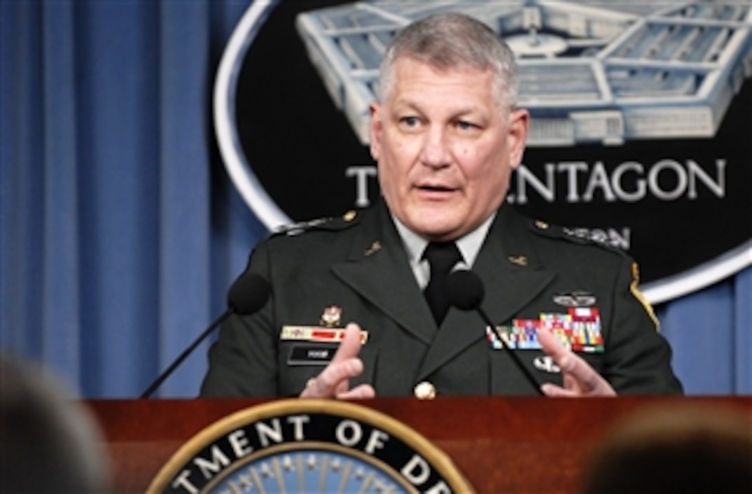 Joint Staff Director for Operations Army Lt. Gen. Carter Ham answers questions from reporters during a press briefing at the Pentagon Feb. 25, 2008. 