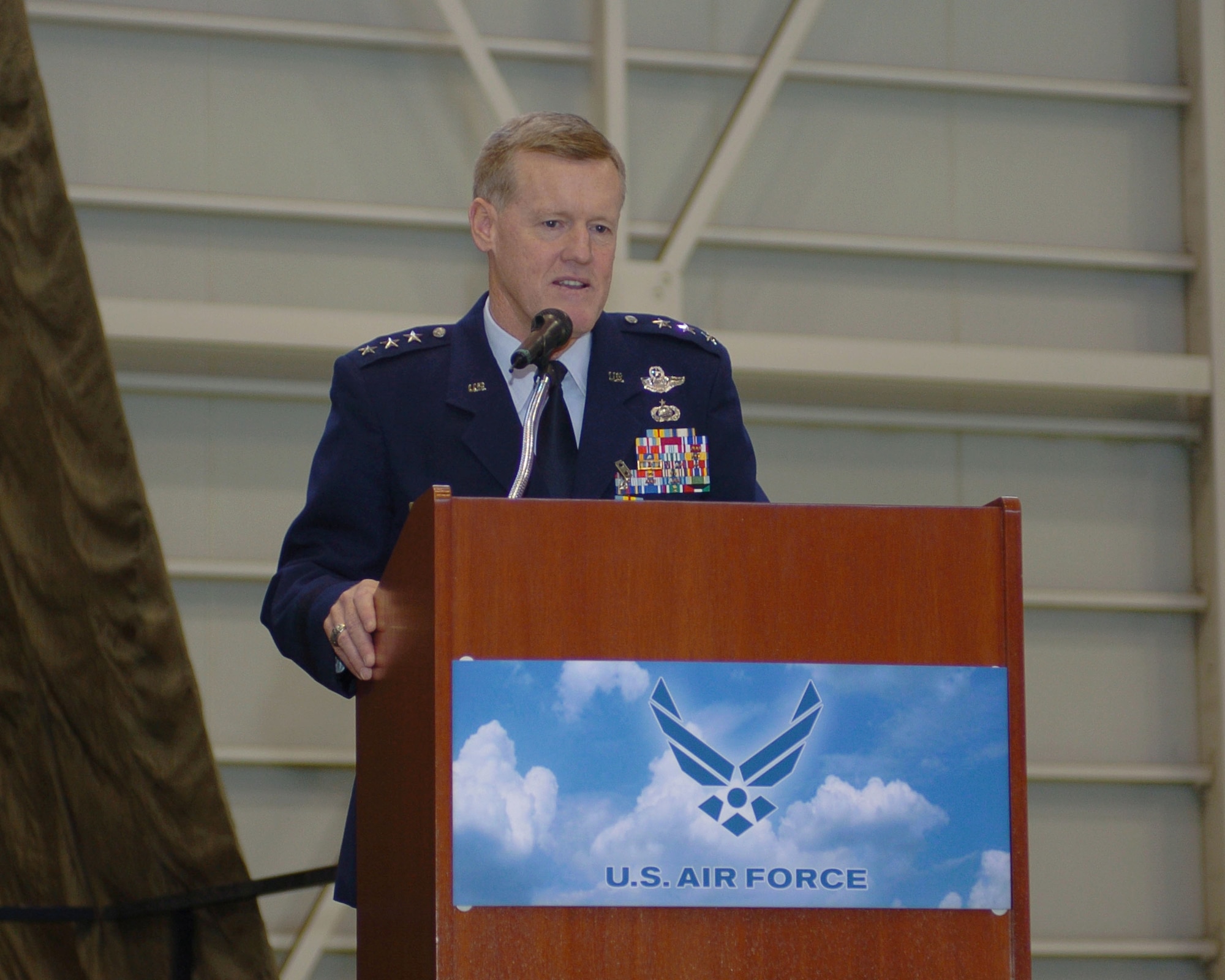 YOKOTA AIR BASE, Japan -- Lt. Gen. Bruce Wright thanks distinguished visitors for their service and friendship during his retirement ceremony Feb. 25. General Wright was the commanding general of U.S. Forces Japan and 5th Air Force from February 2005 to February 2008. General Wright served nearly 35 years in the Air Force. (U.S. Air Force photo by Airman 1st Class Leandra D. Hernandez)