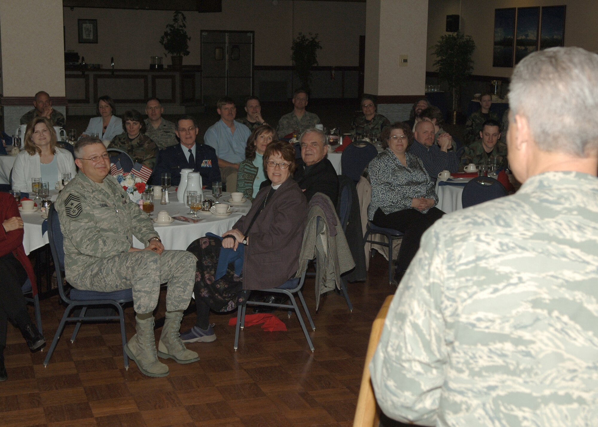 FAIRCHILD AIR FORCE BASE, Wash. – Col. Brian Van Sickle, Air Mobility Command chaplain, captivates members of Team Fairchild during the National Prayer Luncheon at Club Fairchild here Feb. 21. (U.S. Air Force photo / Senior Airman Jocelyn Ford)