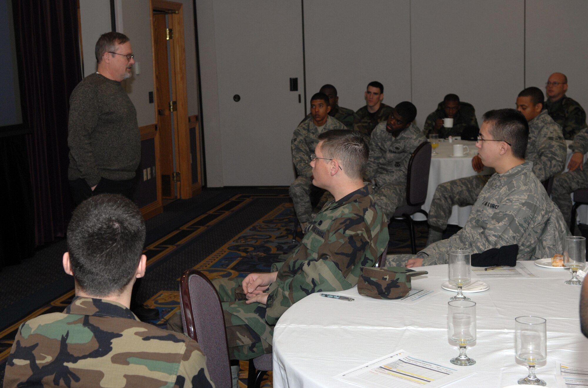 Michael Wardell, 509th Bomb Wing inspector general, briefs the newest Team Whiteman members during Right Start at Mission’s End Feb. 26. The Airmen receive briefings from commanders, base agencies and local community representatives during Right Start. (U.S. Air Force photo/Airman 1st Class Cory Todd)