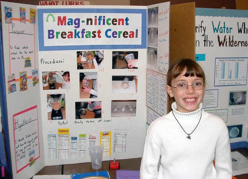 Little Warrior Kayla, 9, won a first place medal in the second and third grade life science competition as well as a creativity award plaque at the Great Falls Regional Science and Engineering Fair at the Mansfield Convention Center Feb. 9. (U.S. Air Force photo/ Shaunda Burns)