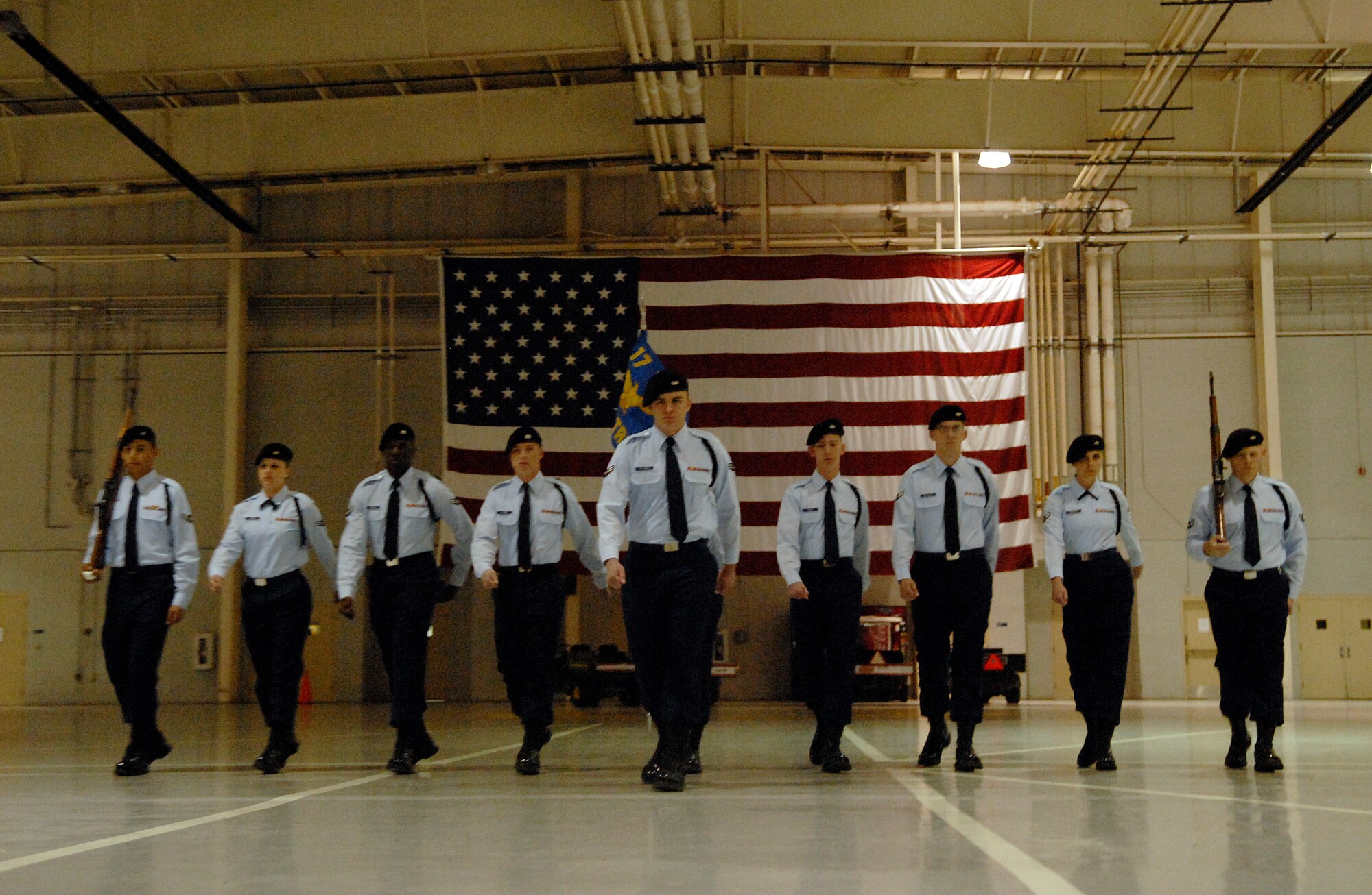 Members of the 315th Training Squadron drill team perform movements during the Exhibition portion of the drill competition Saturday. The Rattlers swept the competition as they won both Regulation and Exhibition categories, taking the overall title. (U.S. Air Force photo by Senior Airman Kamaile Chan)