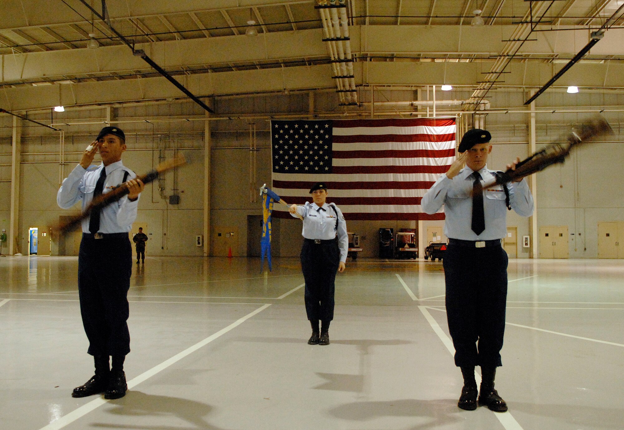 Members of the 315th Training Squadron Drill team perform crisp movements with the use of rifles and a guidon during the Exhibition portion of the competition. The Rattlers also paid tribute to fallen Senior Airman Jason Cunningham with the playing of TAPS. (U.S. Air Force photo by Senior Airman Kamaile Chan)