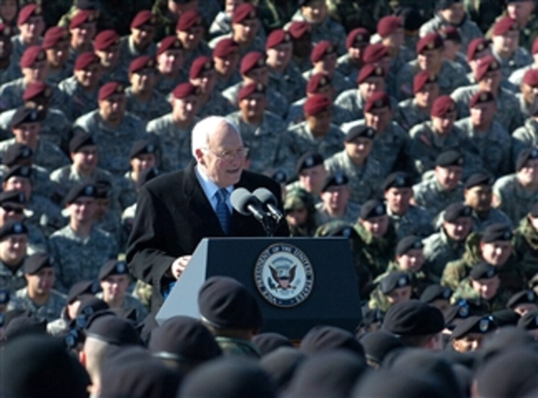 Vice President Richard B. Cheney speaks to 1st Cavalry Division soldiers during a welcome home rally on Fort Hood, Texas’s Cooper Field Feb. 26, 2008. "You amassed a superb record,” Cheney told the troops. “I’m here to say ‘thanks’ and ‘welcome home.’”