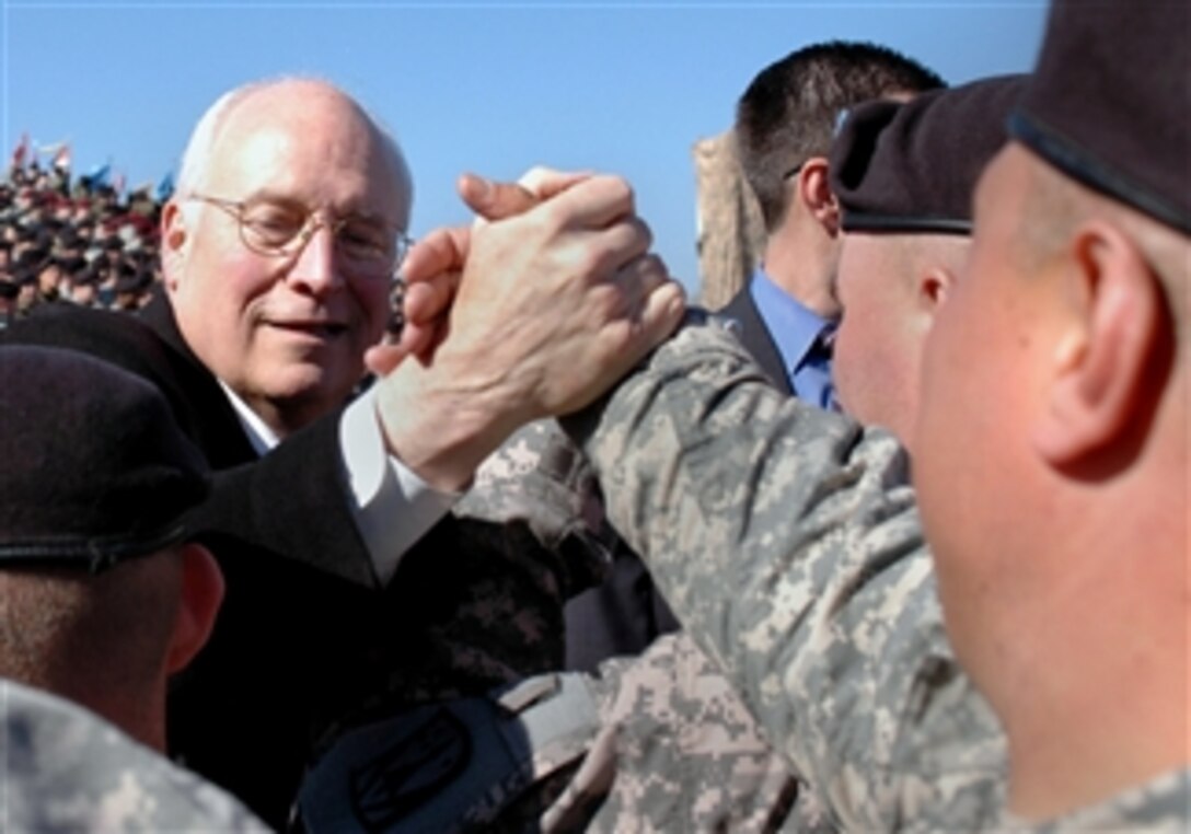 Army Sgt. Donald Davis shakes hands with Vice President Richard B. Cheney as he worked his way through the crowd of 9,000 1st Cavalry Division soldiers to thank them for all their hard work during their 15-month deployment to Iraq. Cheney took part in the division's welcome home ceremony at Fort Hood, Texas, Feb.26, 2008. Davis is assigned to the division's Company A, 115th Brigade Support Battalion.
