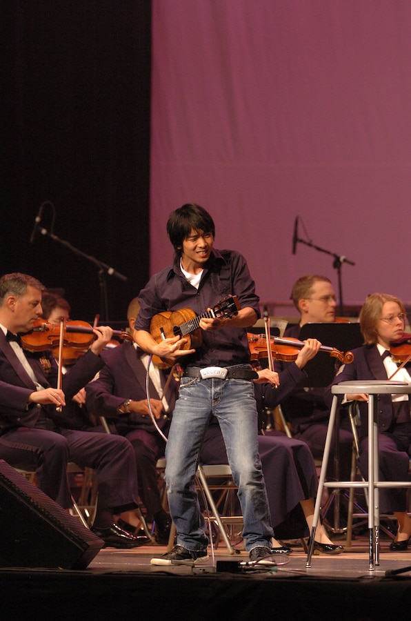 Ukulele virtuoso Jake Shimabukuro makes beautiful music with the U.S. Air Force Band on February 17. The concert featuring Shimabukuro was part of the USAF Band's 2008 Guest Artist Series at DAR Constitution Hall in Washington, D.C. (Photo courtesy of Chip Feise)