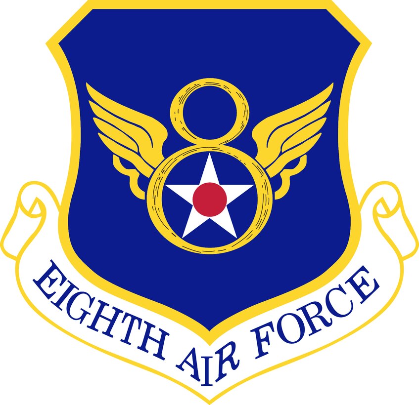 8th Air Force Shield (Color). Image provided by the Air Force Historical Research Agency. In accordance with Chapter 3 of AFI 84-105, commercial reproduction of this emblem is NOT permitted without the permission of the proponent organizational/unit commander. The image was created by Andy Yacenda of the Air Force News Agency and is 7x7 inches @ 300 dpi