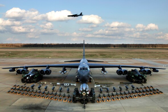 BARKSDALE AIR FORCE BASE, La. (AFPN) -- Munitions on display show the full capabilities of the B-52 Stratofortress. (U.S. Air Force photo by Tech. Sgt. Robert J. Horstman)  