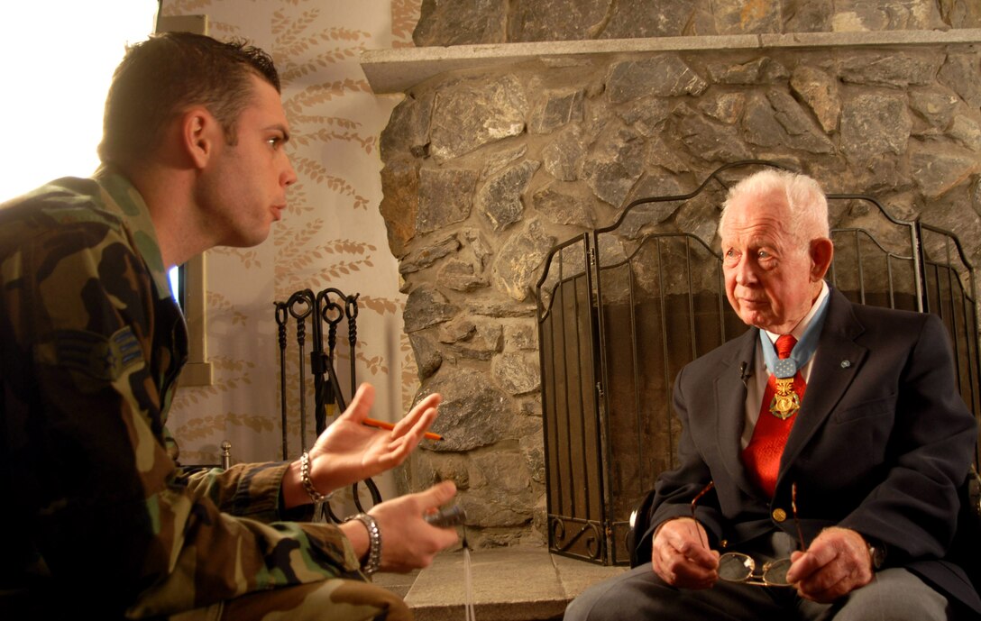 Medal of Honor recipient, retired Col. Bernard F. Fisher, is interviewed Feb 26 at Kunsan Air Base, South Korea. Colonel Fisher was the first living Air Force member to receive the Medal of Honor. Colonel Fisher received the Medal of Honor for heroism during the Vietnam War. (U.S. Air Force photo/Staff Sgt. Darcie Ibidapo) 
