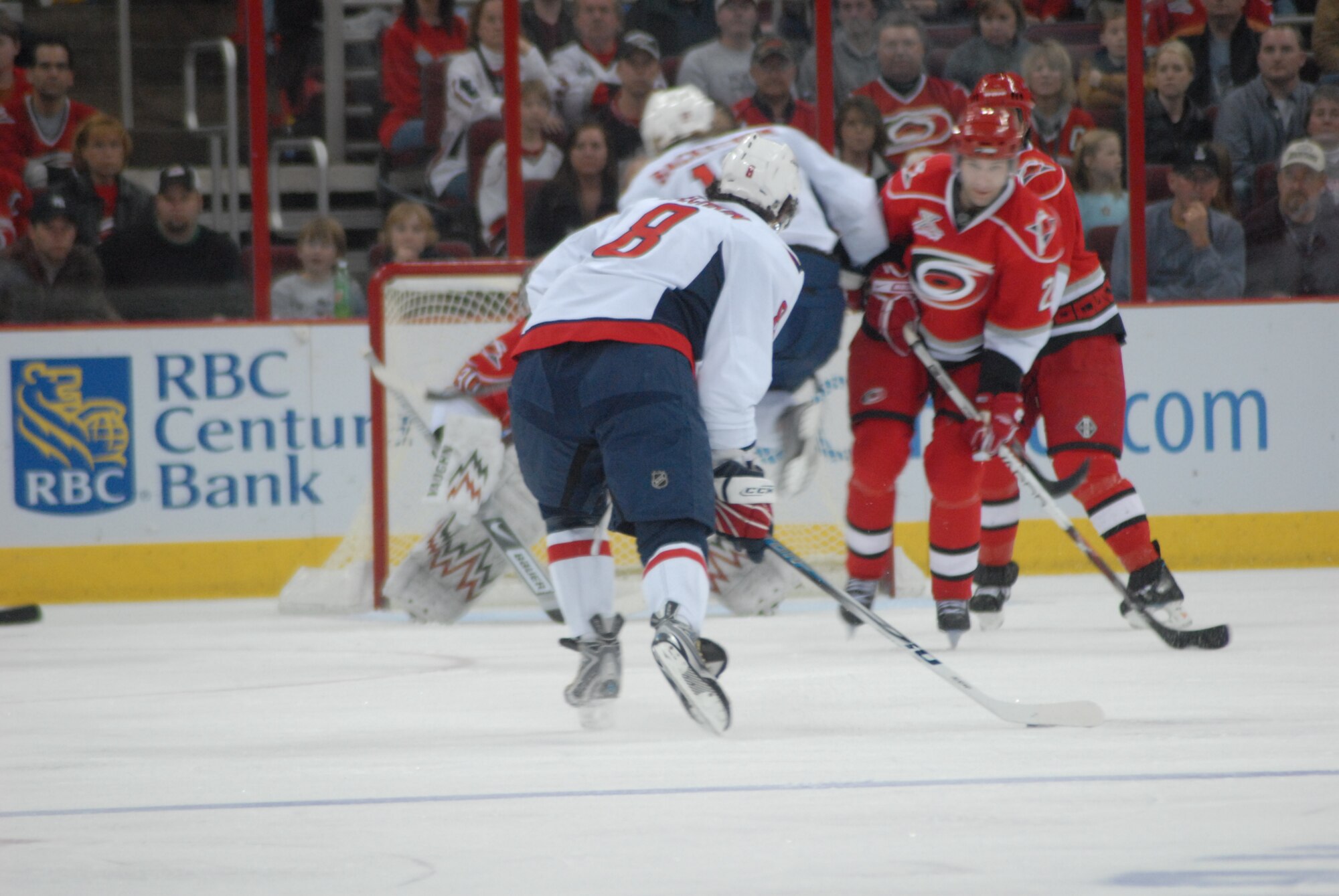 Washington Capitals forward Alexander Ovechkin winds up for a shot during the Carolina Hurricanes Military Appreciation Night Feb. 23 in Raleigh, N.C. Pope received 250 tickets for the NHL game at the RBC Center. (U.S. Air Force Photo by 2nd Lt. Chris Hoyler)