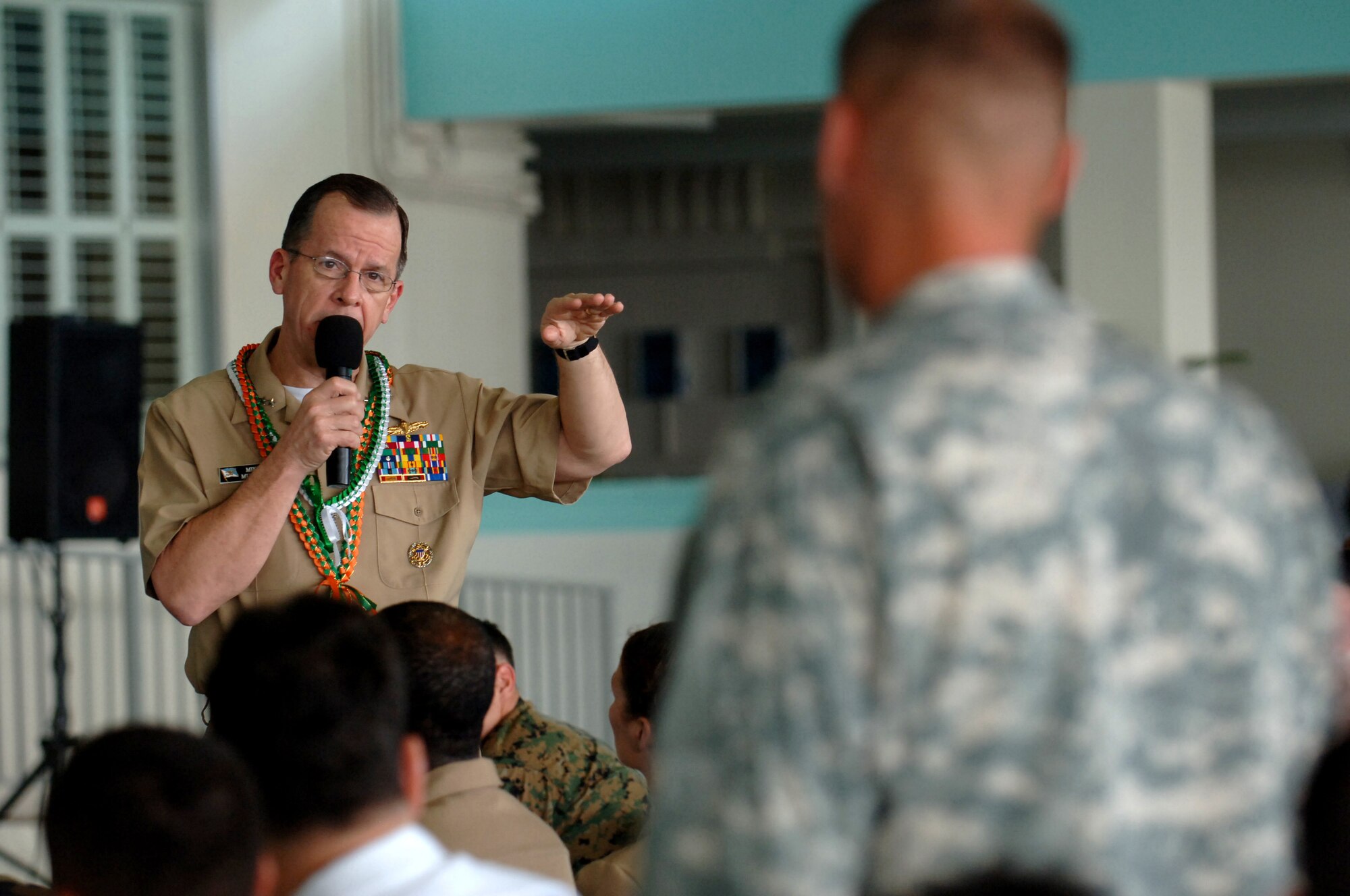 Chairman of the Joint Chiefs of Staff, Admiral Mike Mullen, met with troops at Hickam Air Force Base Officer's Club Lani to address questions and concerns of military members on February 20, 2008.  (U.S. Air Force photo by Vanessa M. Perez)