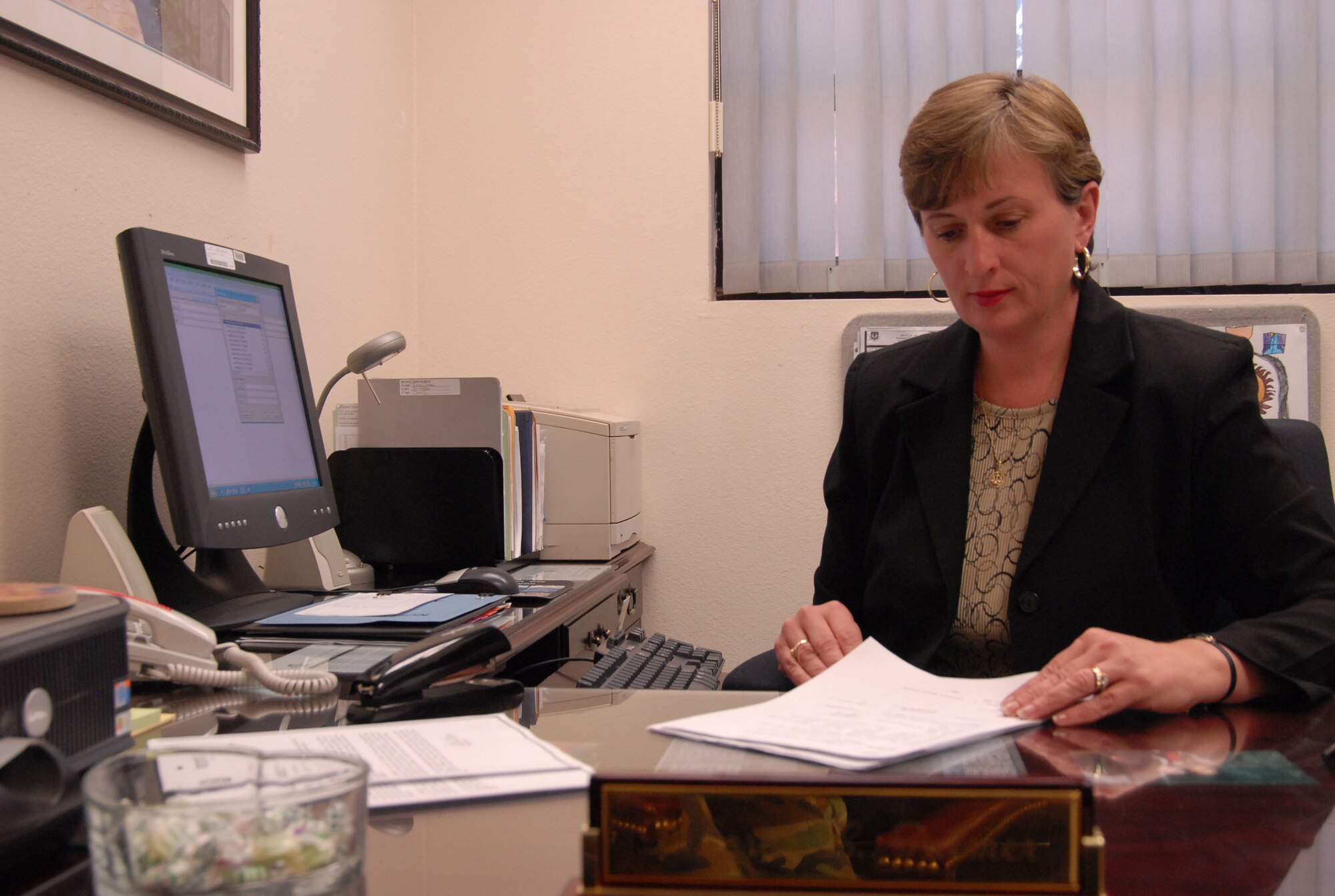 Deborah Palmer, Air Force Flight Test Center Staff Judge Advocate discharge program clerk, is the Team Edwards Secretarial and Clerical Civilian of the Quarter. Among some of her accomplishments during the quarter, she processed 19 discharge notification cases and conducted discharge program training. (Air Force photo by Airman 1st Class Stacy Sanchez)