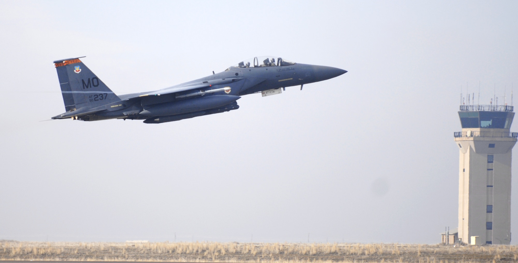 MOUNTAIN HOME AIR FORCE BASE, Idaho – An F-15E Strike Eagle from the 391st Fighter Squadron, takes off to the simulated deployed location during Exercise Sharpshooter 08-04.1 Feb. 28. During the Phase I exercise, a main objective is to deploy a predetermined number of jets from each squadron to the simulated deployed location.  The 366th Fighter Wing conducts exercises to prepare personnel and equipment for the upcoming March 2008 Operational Readiness Inspection. (U.S. Air Force photo/ Airman 1st Class Ryan Crane) 
