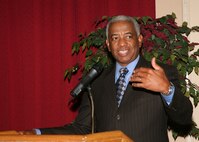 Retired Gen. Lloyd W. "Fig" Newton shares with the crowd during the African American Heritage Committee luncheon Feb. 15 at the Gateway Club on Lackland Air Force Base, Texas. More than 370 members of Team Lackland attended the event. (USAF photo by Robbin Cresswell)