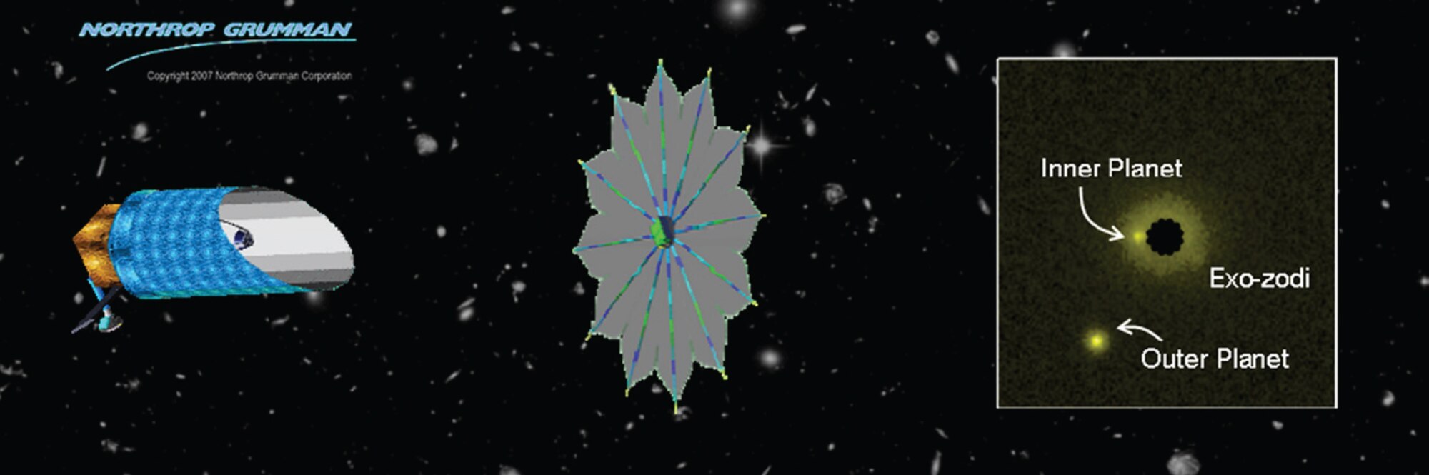 The New Worlds Observer project involves a 50 m starshade positioned between a generic space telescope and a star.  It blocks light so that any planets in proximity to the star become visible (image courtesy of Northrop Grumman).