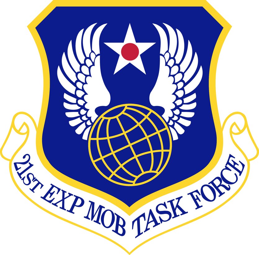 21st Expeditionary Mobility Task Force Shield (Color). The 21th Expeditionary Mobile Task Force was formerly the 21th Air Force. Image provided by the Air Force Historical Research Agency. In accordance with Chapter 3 of AFI 84-105, commercial reproduction of this emblem is NOT permitted without the permission of the proponent organizational/unit commander. The image is 7x7 inches @ 300 ppi.