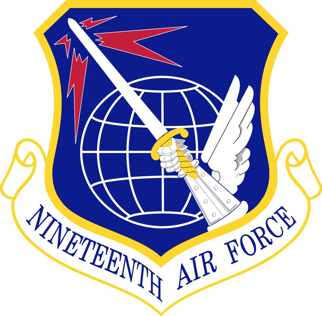 19th Air Force Shield (Color). Image provided by the Air Force Historical Research Agency. In accordance with Chapter 3 of AFI 84-105, commercial reproduction of this emblem is NOT permitted without the permission of the proponent organizational/unit commander. The image is 6x6 inches @ 300 ppi.
