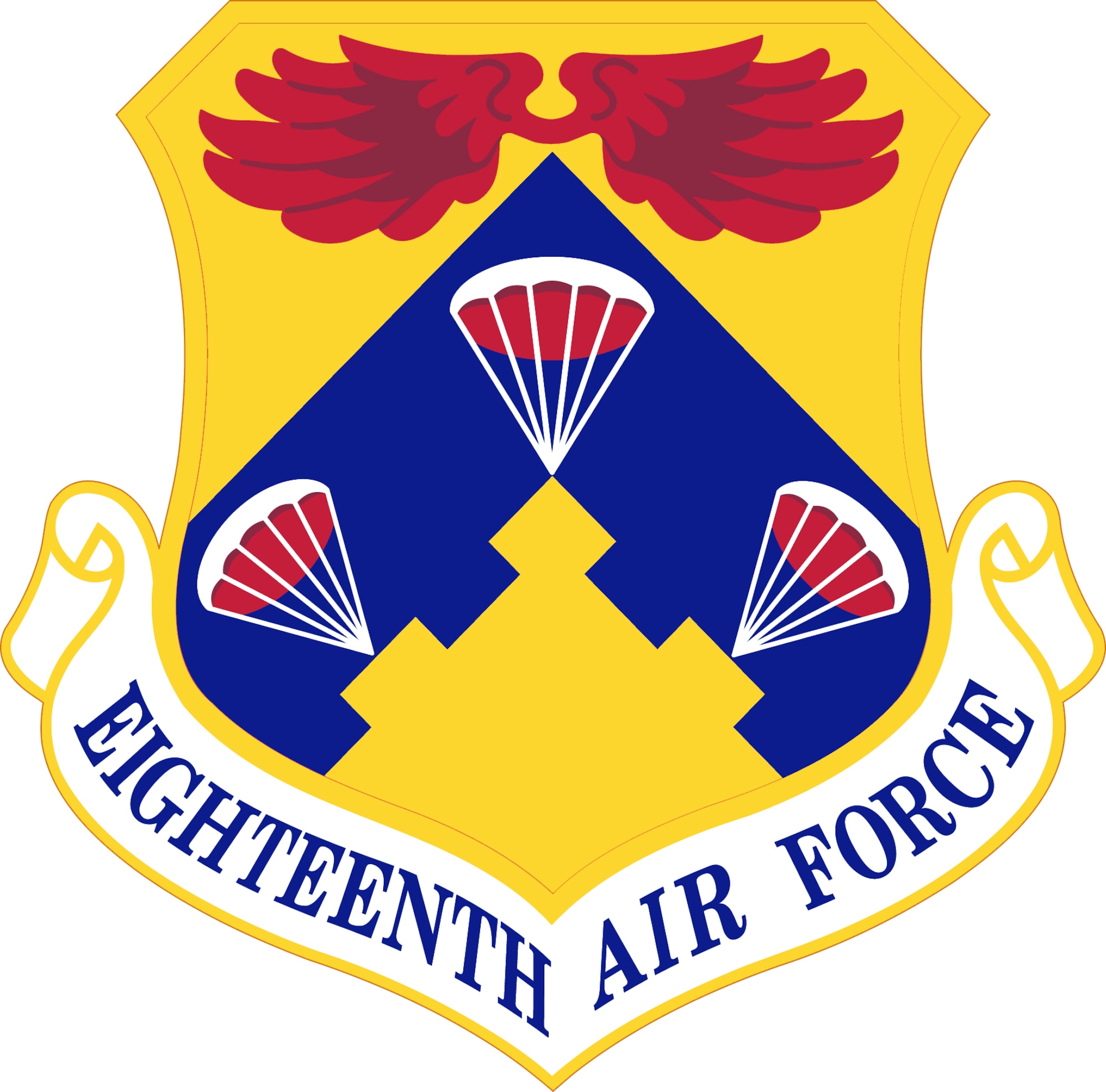 18th Air Force Shield (Color). Image provided by the Air Force Historical Research Agency. In accordance with Chapter 3 of AFI 84-105, commercial reproduction of this emblem is NOT permitted without the permission of the proponent organizational/unit commander. The image is 6x6 inches @ 300 ppi.