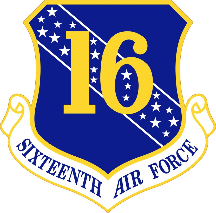16 th Air Force Shield (Color). Image provided by the Air Force Historical Research Agency. In accordance with Chapter 3 of AFI 84-105, commercial reproduction of this emblem is NOT permitted without the permission of the proponent organizational/unit commander. The image is 7x7 inches @ 300 ppi. 