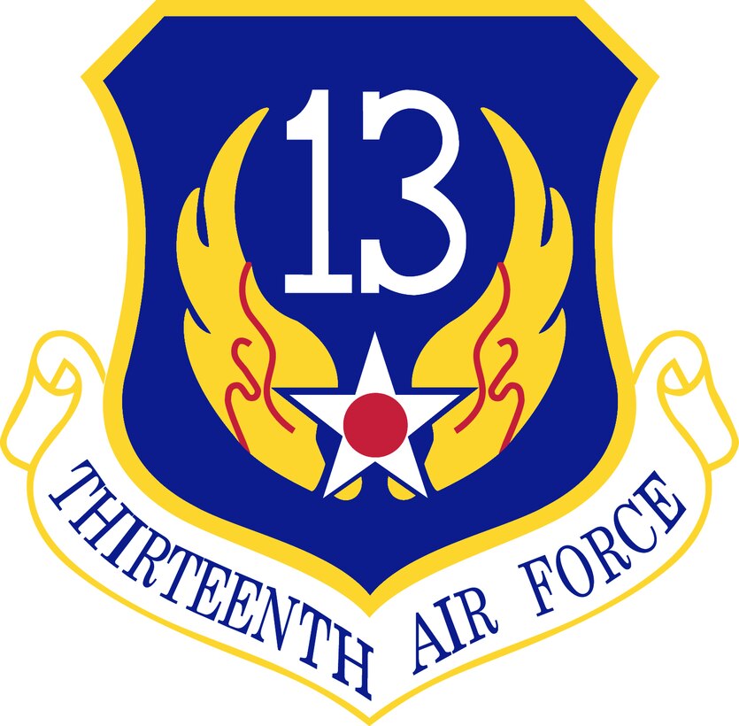 13th Air Force Shield (Color). Image provided by the Air Force Historical Research Agency. In accordance with Chapter 3 of AFI 84-105, commercial reproduction of this emblem is NOT permitted without the permission of the proponent organizational/unit commander. The image was created by Andy Yacenda of the Air Force News Agency and is 7x7 inches @ 300 dpi.