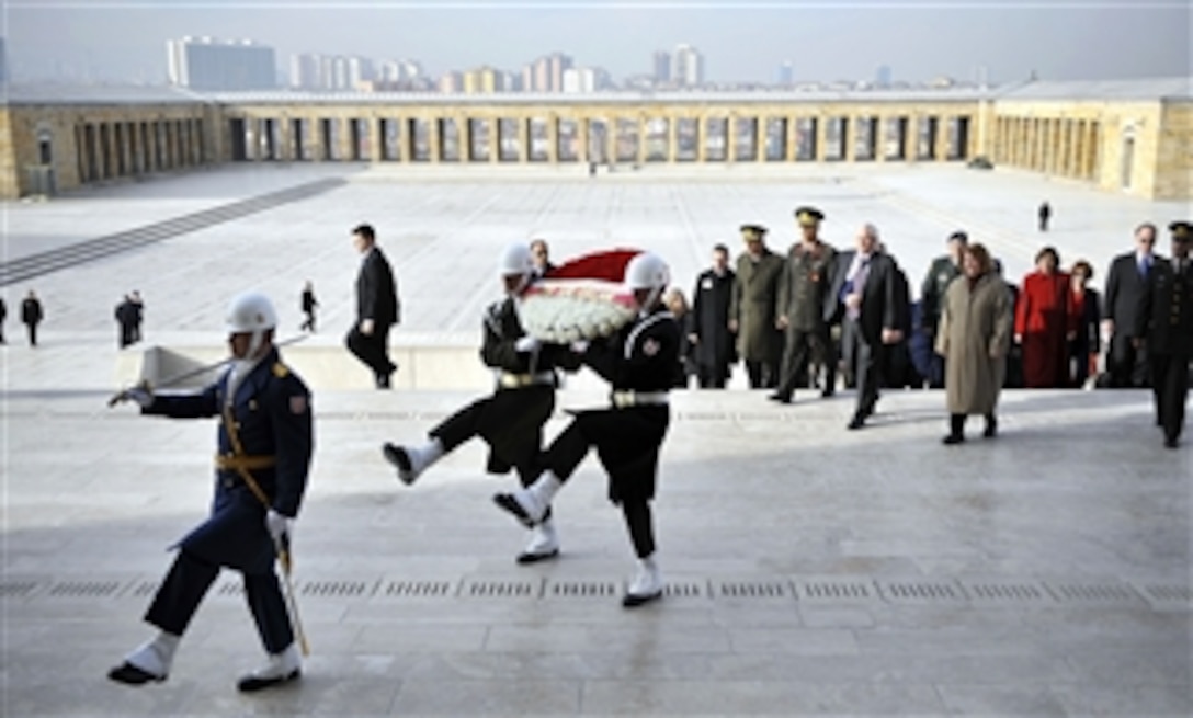 Defense Secretary Robert M. Gates and his wife Becky attend a wreath laying ceremony at the Turkish Tomb of the Unknown Soldier in Ankara, Turkey, Feb. 28, 2008. 