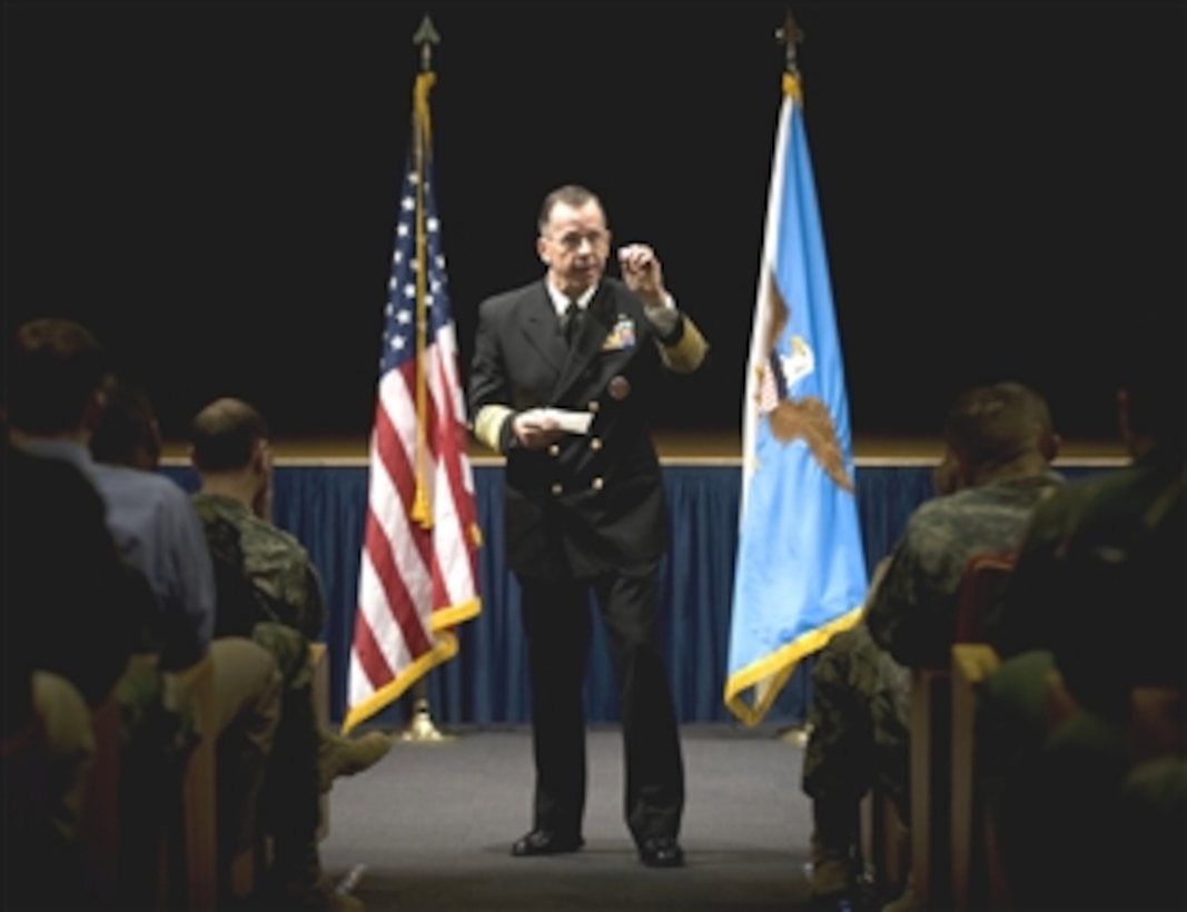 U.S. Navy Adm. Mike Mullen, chairman of the Joint Chiefs of Staff, conducts an all hands call with Joint Staff members at the Pentagon, Washington, D.C., Feb. 28, 2008. 