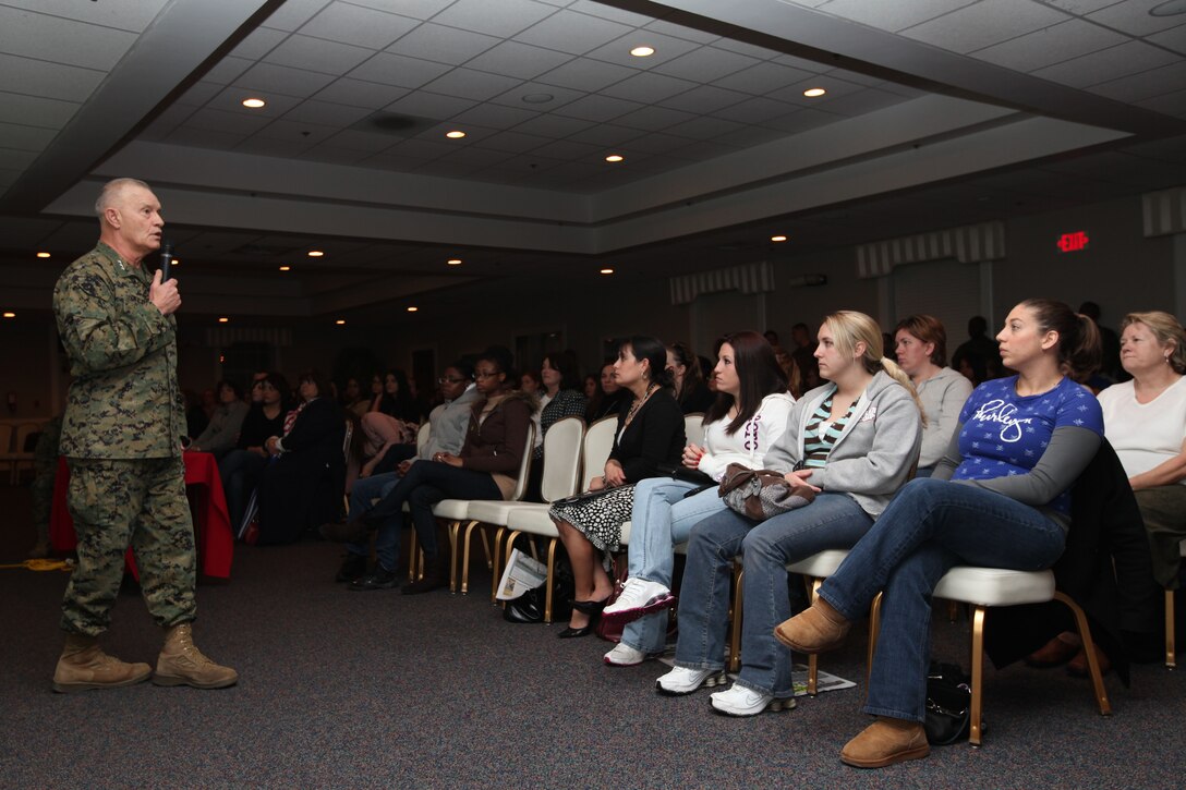 Lt. Gen. Dennis J. Hejlik, commanding general of II Marine Expeditionary Force, speaks to the families of 22nd Marine Expeditionary Unit Marines and sailors during a town hall meeting at the Ball Center aboard Camp Lejeune, N.C., Jan. 21, 2010.  The 22nd MEU is deployed in support of relief efforts in Haiti, and undertook the mission less than six weeks after returning from a seven-month deployment to the European and Central Command theaters.