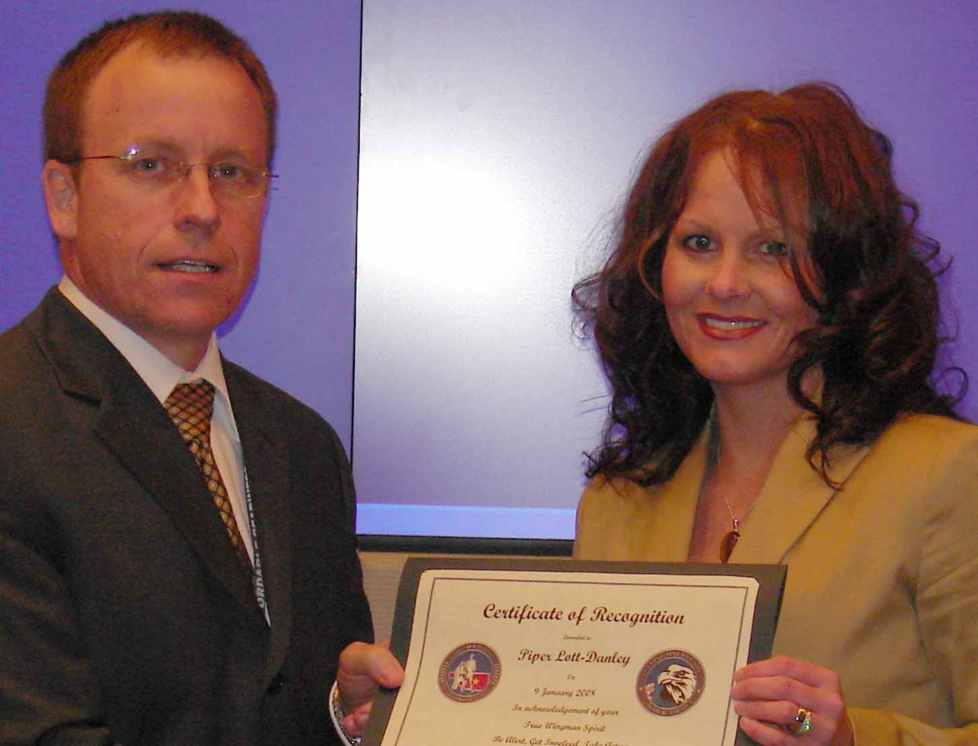Piper Lott-Danley has shown that she knows what it means to be a true Wingman.  Ms. Lott-Danley showed extreme compassion and support during a recent incident involving a fellow employee who fell in the parking lot.  The other employee sustained a broken arm, dislocated wrist and numerous cuts to the face, arms and legs.  The employee was bleeding profusely and was distraught.  Ms. Lott-Danley helped stanch the bleeding and kept the injured employee calm, giving mental and physical support as they waited for help to arrive