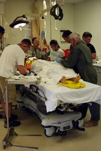 Joint Task Force-Bravo Medical Element staff stabilize a patient in preparation for air transport to Tegucigalpa. More than 50 MEDEL staff, as well as a crew from the 1-228th Aviation Regiment, assisted in transporting local Hondurans severely injured in a roll-over accident to Hospital Escuela in Tegucigalpa, Honduras. (U.S. Air Force photo by Tech. Sgt. John Asselin)