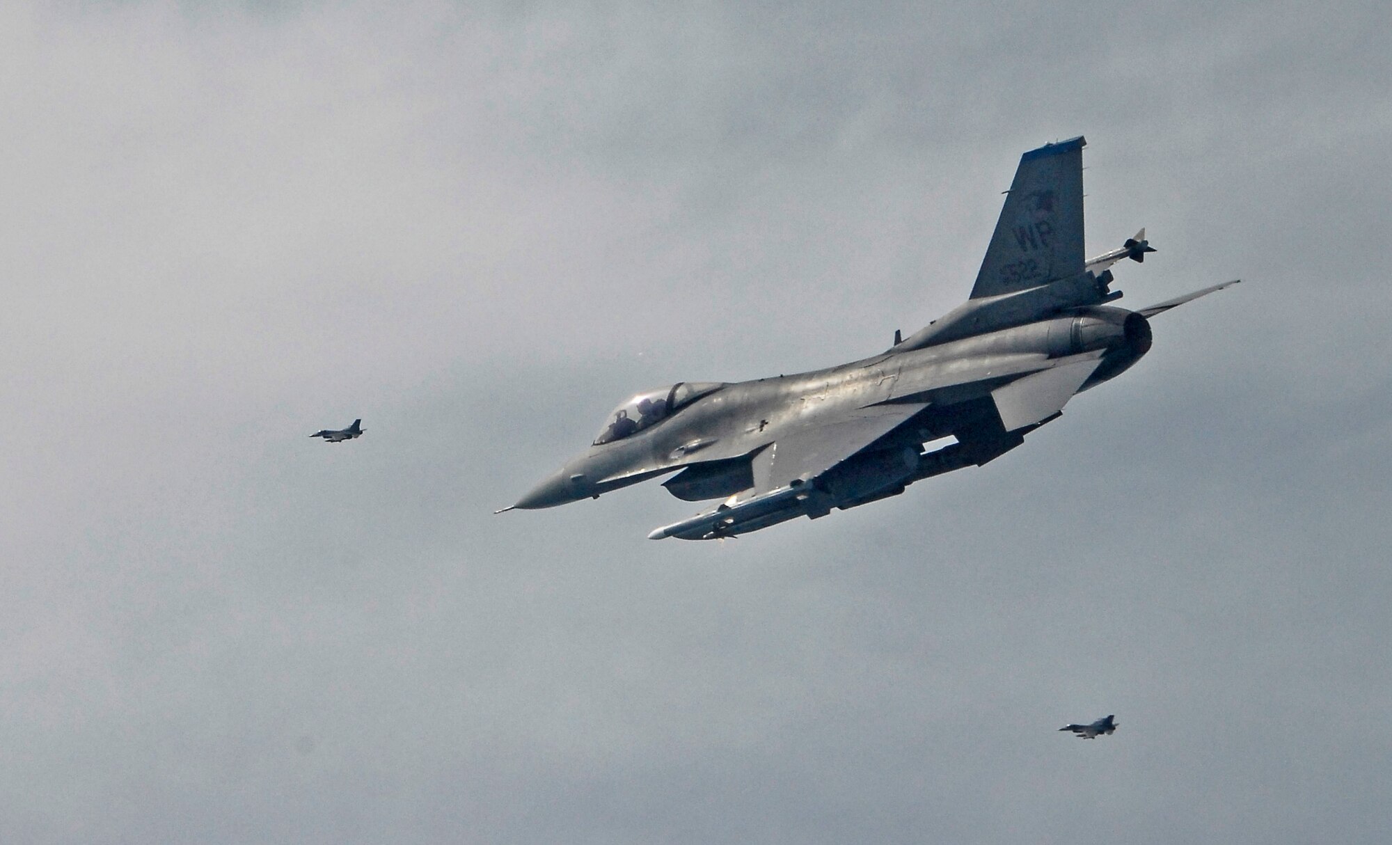 F-16 Fighting Falcon pilots conduct AIM-9 missile training Feb. 28 over the South Korean peninsula. The Air Intercept Missile-9X Sidewinder, developed by Raytheon engineers, is a fifth generation AIM-9 missile that is a substantial upgrade to the Sidewinder family featuring an advanced infra-red seeker and a higher off-bore sight capability. The F-16 pilots are assigned to the 35th Fighter Squadron from Kunsan Air Base, South Korea. (U.S. Air Force photo/Tech. Sgt. Quinton T. Burris) 
