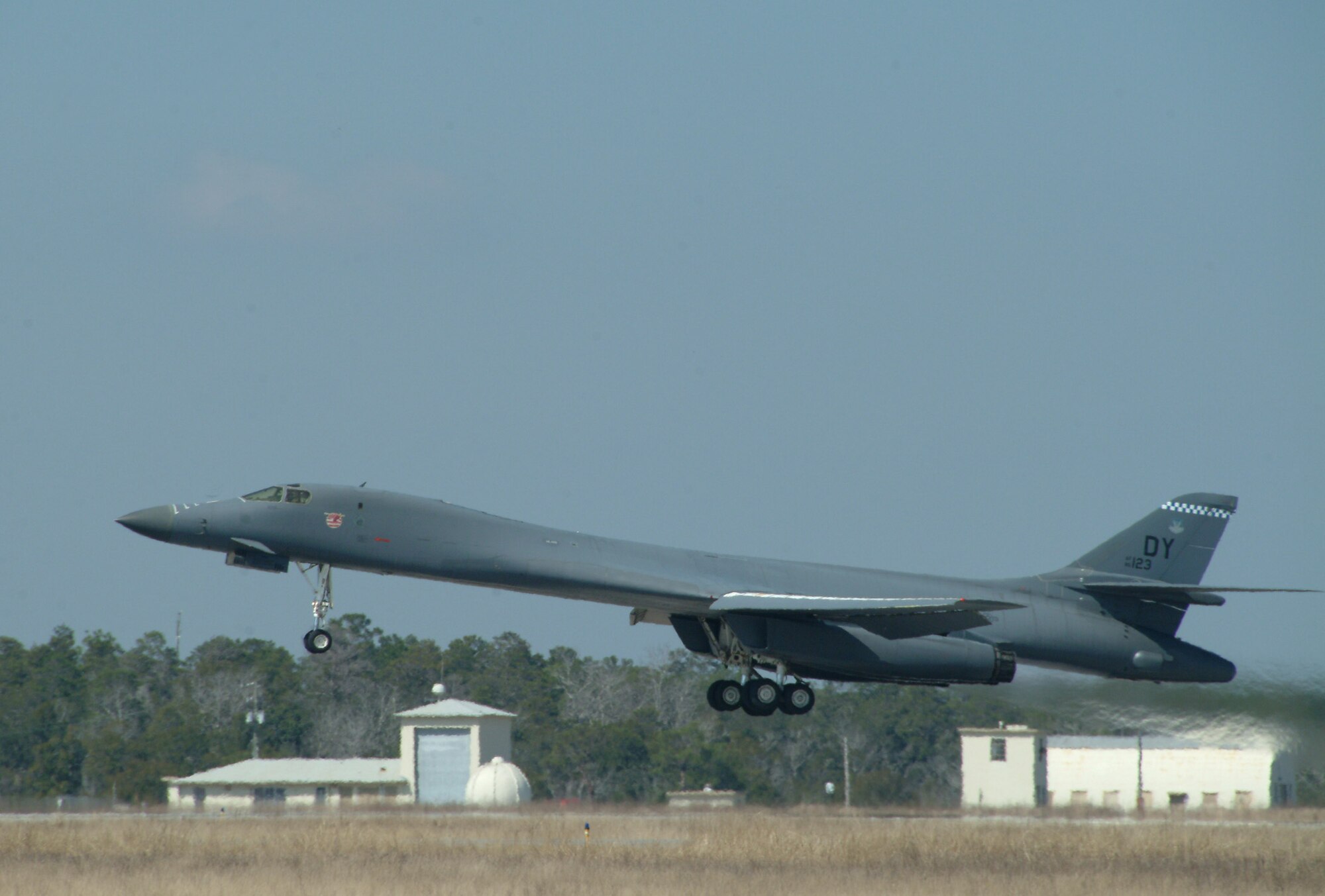 EGLIN AIR FORCE BASE, Fla. – A B-1B Lancer from the 337th Test and Evaluation Squadron, Dyess Air Force Base, Texas, takes off from Eglin Air Force Base, Fla., to conduct a B-1 Tail Warning Function test Feb. 25. TWF is a radar that faces the rear of B-1 to detect incoming missiles or aircraft. If detected the system can deploy defensive countermeasures. (U.S. Air Force photo Capt. Carrie Kessler)
