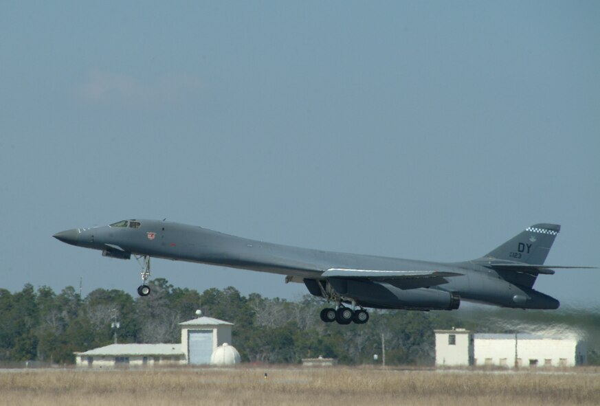EGLIN AIR FORCE BASE, Fla. – A B-1B Lancer from the 337th Test and Evaluation Squadron, Dyess Air Force Base, Texas, takes off from Eglin Air Force Base, Fla., to conduct a B-1 Tail Warning Function test Feb. 25. TWF is a radar that faces the rear of B-1 to detect incoming missiles or aircraft. If detected the system can deploy defensive countermeasures. (U.S. Air Force photo Capt. Carrie Kessler)
