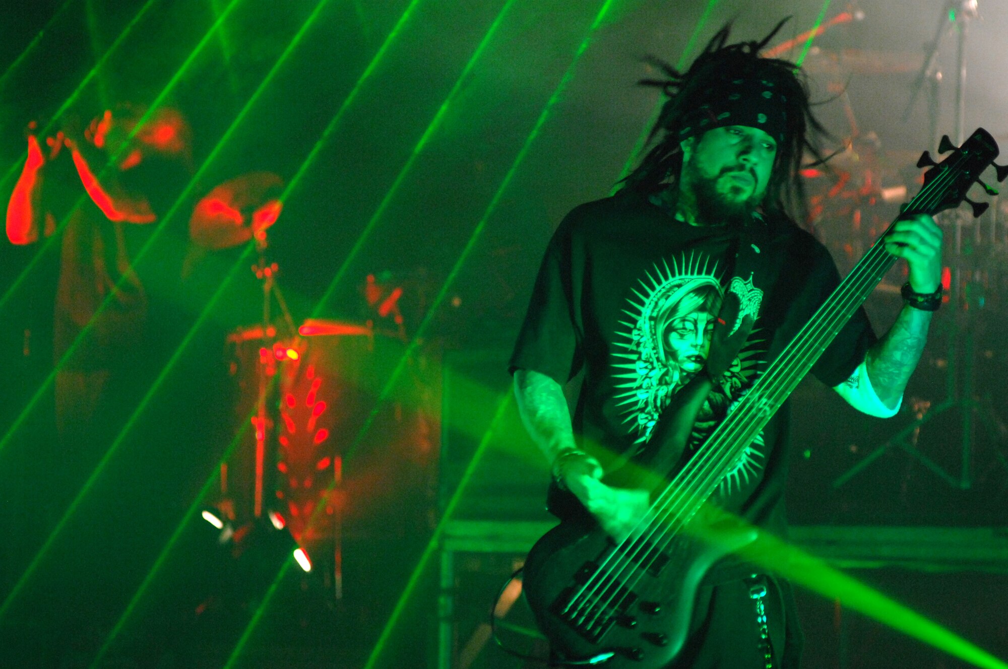 AVIANO AIR BASE, Italy -- Airmen, Soldiers, DoD civlians, and local nationals enjoy a Korn and Flyleaf concert at the Palasport in Pordenone, Italy, Feb. 22, 2008. 
Korn is a band from Bakersfield, California, and are credited with creating and popularizing the nu metal genre. Along with other bands at the time, they have also inspired many nu metal and alternative metal bands throughout the mid 1990s and early 2000s.The band's catalogue consists of nice consecutive debuts. To date,  Korn has sold over 30 million albums worldwide, including 16.5 million in the U.S.  Korn earned 6 Grammy Award nominations- two of which they have won.  ( U.S. Air Force photo/ Senior Airman Nathan Doza