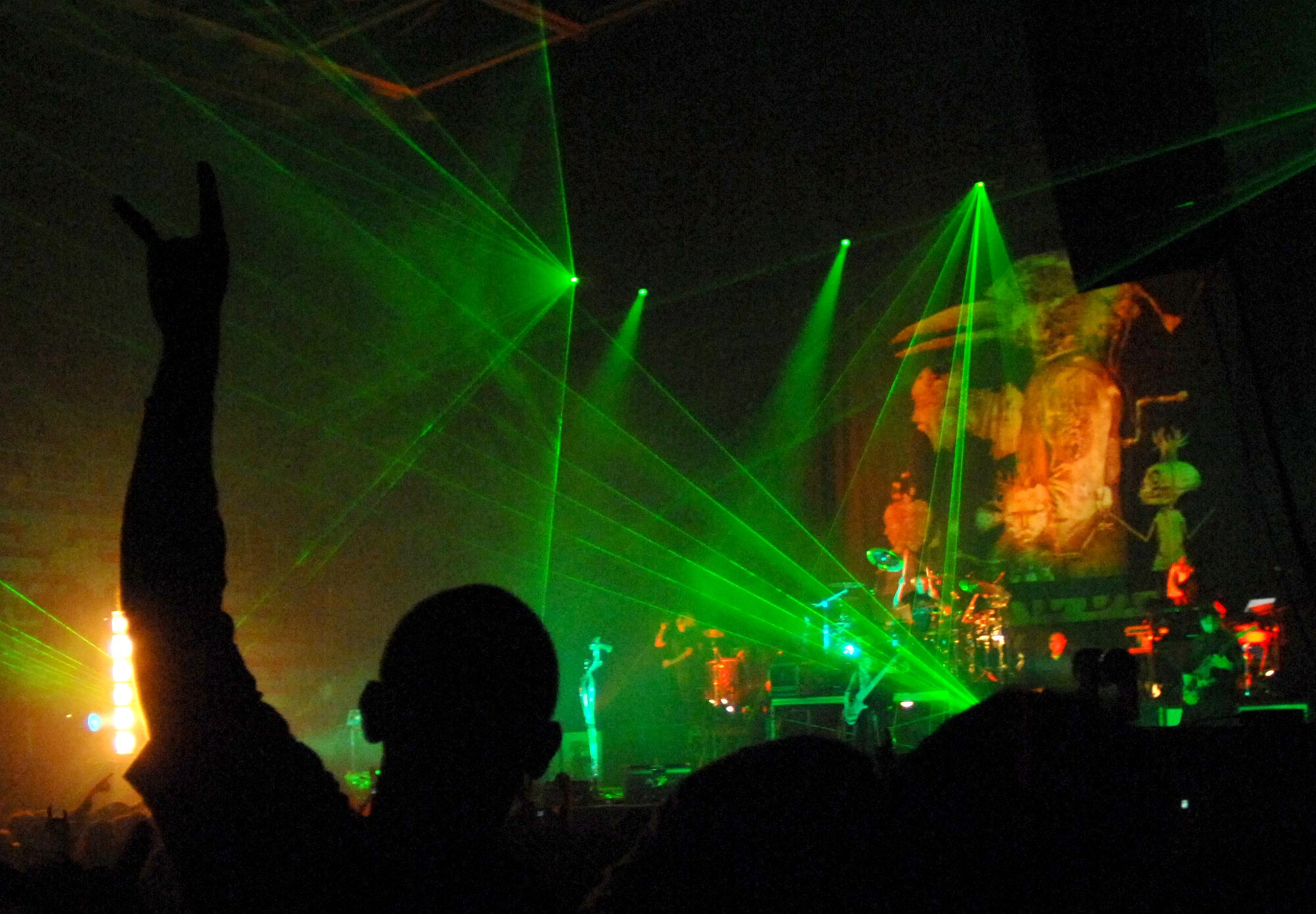 AVIANO AIR BASE, Italy -- Airmen, Soldiers, DoD civlians, and local nationals enjoy this Korn and Flyleaf concert at the Palasport in Pordenone, Italy, Feb. 22, 2008. 
Korn is a band from Bakersfield, California, and are credited with creating and popularizing the nu metal genre. Along with other bands at the time, they have also inspired many nu metal and alternative metal bands throughout the mid 1990s and early 2000s.The band's catalogue consists of nice consecutive debuts. To date,  Korn has sold over 30 million albums worldwide, including 16.5 million in the U.S.  Korn earned 6 Grammy Award nominations- two of which they have won.  ( U.S. Air Force photo/ Senior Airman Nathan Doza
