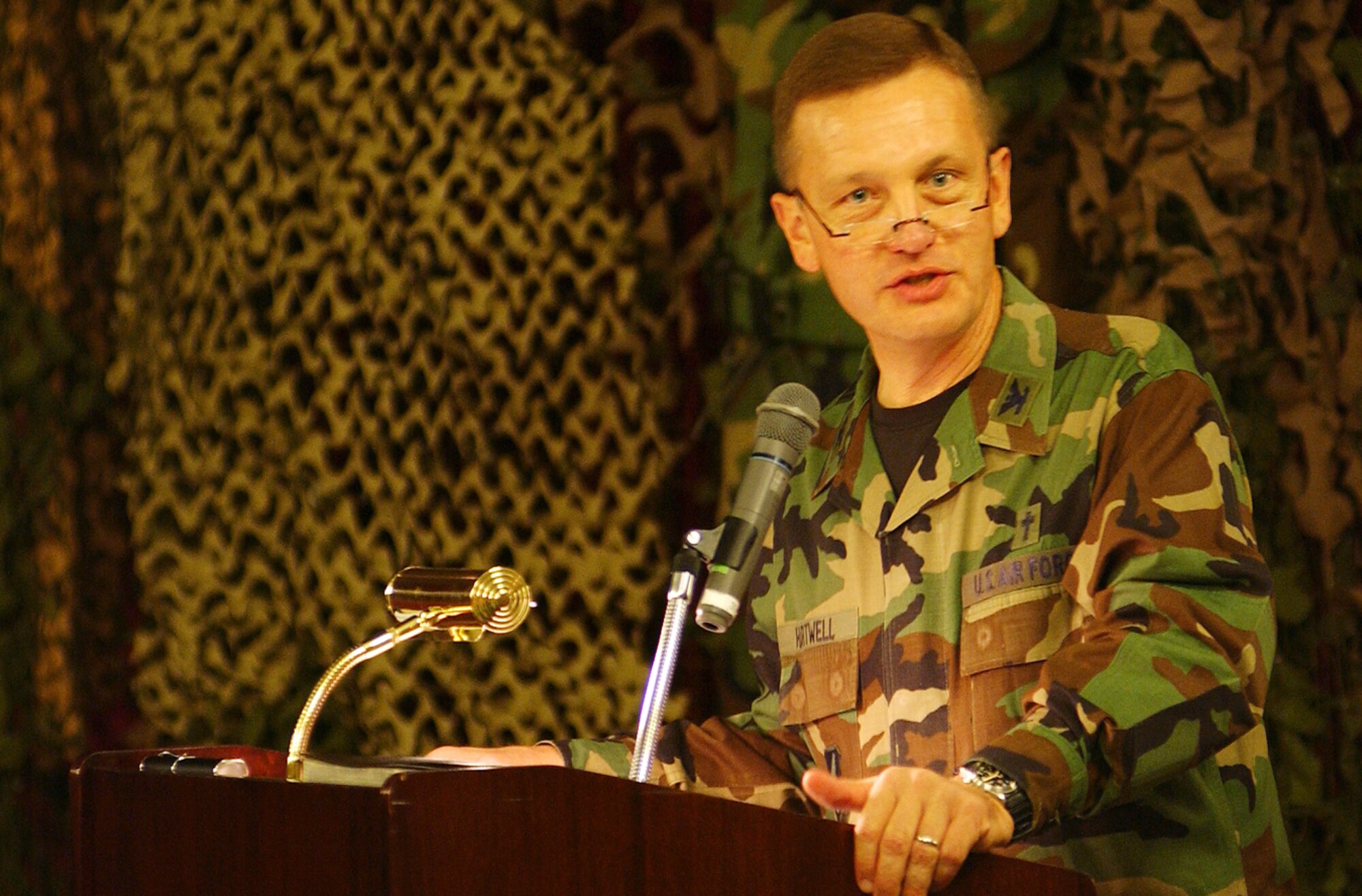 Colonel Richard Hartwell, Pacific Air Forces Command chaplain, motivated Airmen in preparation for the Operational Readiness Inspection at the Rocker NCO Club Feb. 25. The chaplain spoke of being spiritually ready for future challenges and the importance of prayer.
(U.S. Air Force photo/Tech. Sgt. Rey Ramon)
