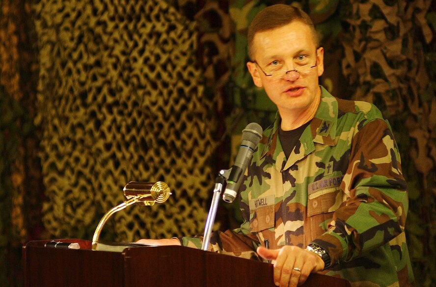 Colonel Richard Hartwell, Pacific Air Forces Command chaplain, motivated Airmen in preparation for the Operational Readiness Inspection at the Rocker NCO Club Feb. 25. The chaplain spoke of being spiritually ready for future challenges and the importance of prayer.
(U.S. Air Force photo/Tech. Sgt. Rey Ramon)
