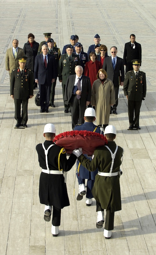 Defense Secretary Robert M. Gates and his wife Becky attend a wreath laying ceremony at the Tomb of Mustafa Kemal Ataturk in Ankara, Turkey, Feb. 28, 2008.  