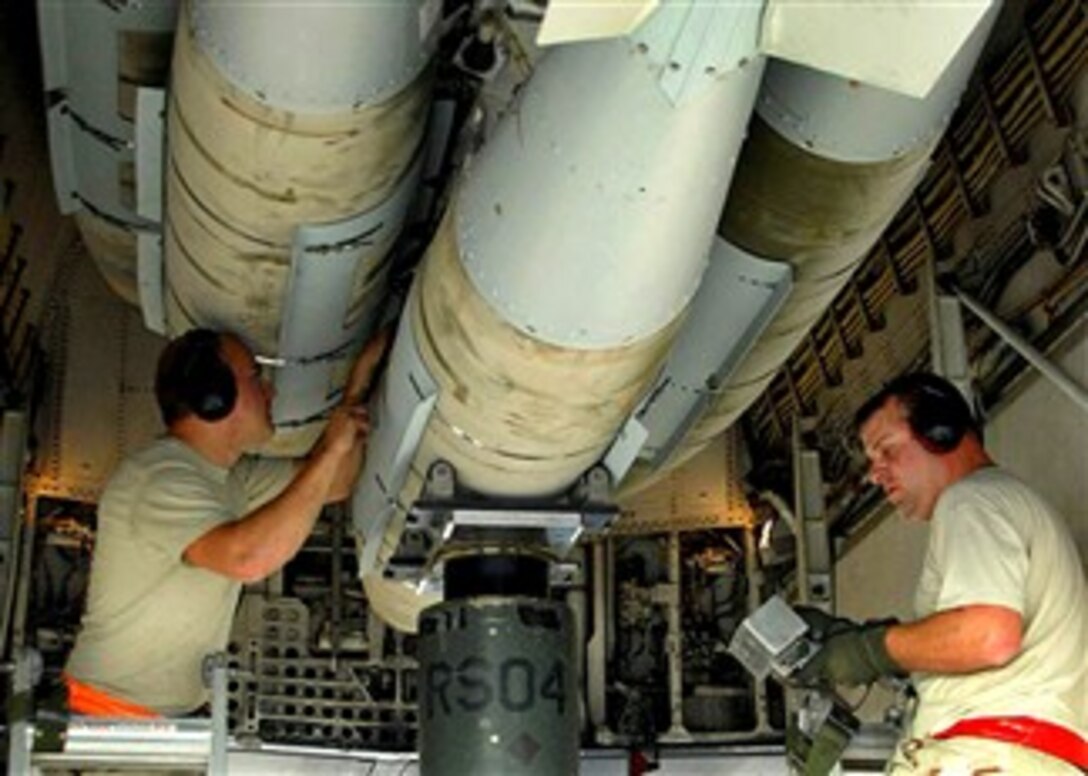 U.S. Air Force Staff Sgt. Brandon Neitz and Tech. Sgt. James Sheldon load 2,000-pound bombs on an Air Force B-1B Lancer Dec. 31, 2007, to prepare for a mission to support Operation Enduring Freedom. The B-1B can rapidly deliver massive quantities of precision and non-precision weapons on specific targets. 