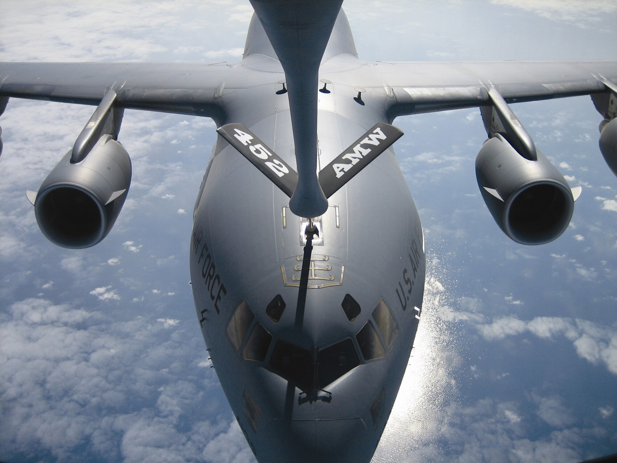 A KC-135 Stratotanker from the 336th Air Refueling Squadron refuels a C-17 over the Black Sea in August. The C-17 was carrying President Hamid Karzai of Afghanistan aboard. March Air Reserve Base Airmen were deployed in support of Operation Enduring Freedom and Operation Iraqi Freedom to Incirlik Air Base, Turkey. The 336th, along with troops from the 452nd Air Mobility Wing including the 452nd Maintenance Group, went to Turkey as an air refueling aviation package. Their mission was to make sure the KC-135 Stratotankers arrived safe and on time at their refueling destinations. (U.S. Air Force photo)